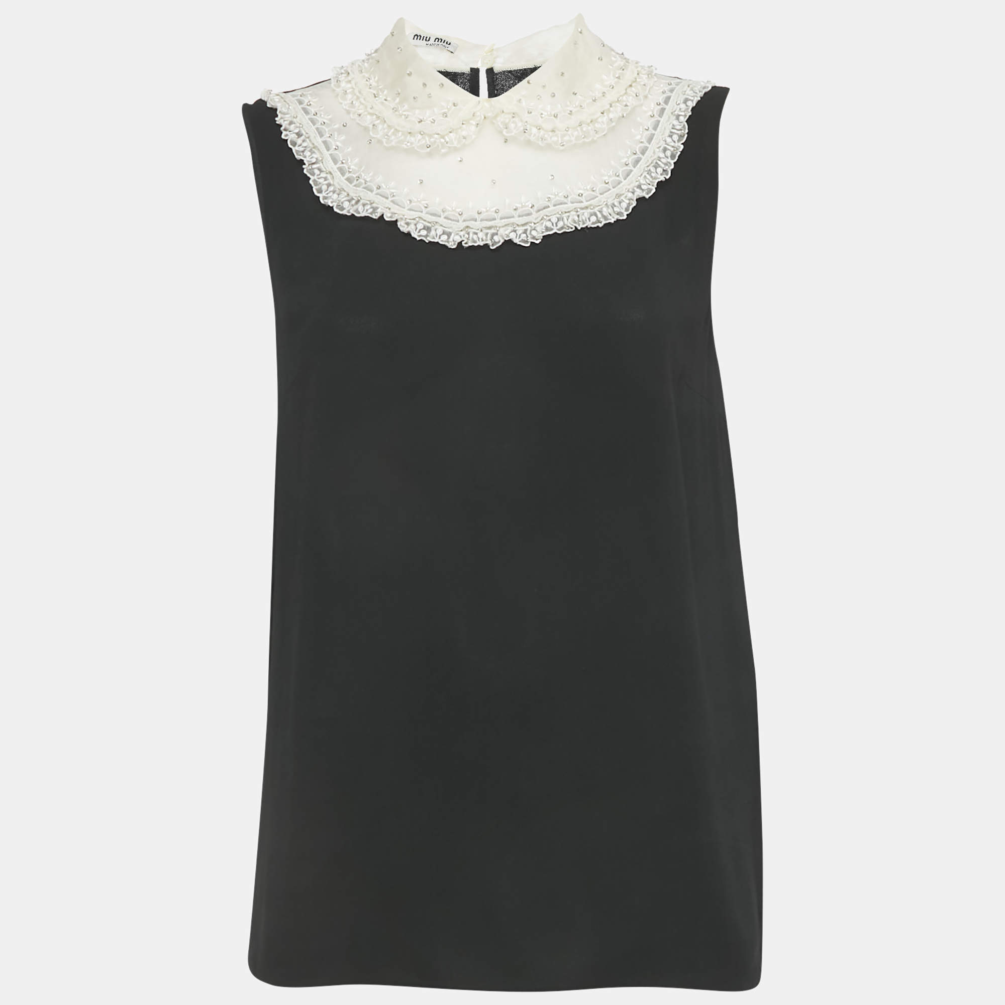 Pre Owned Miu Miu Black Crepe Doll Collar Detail Sleeveless Top M