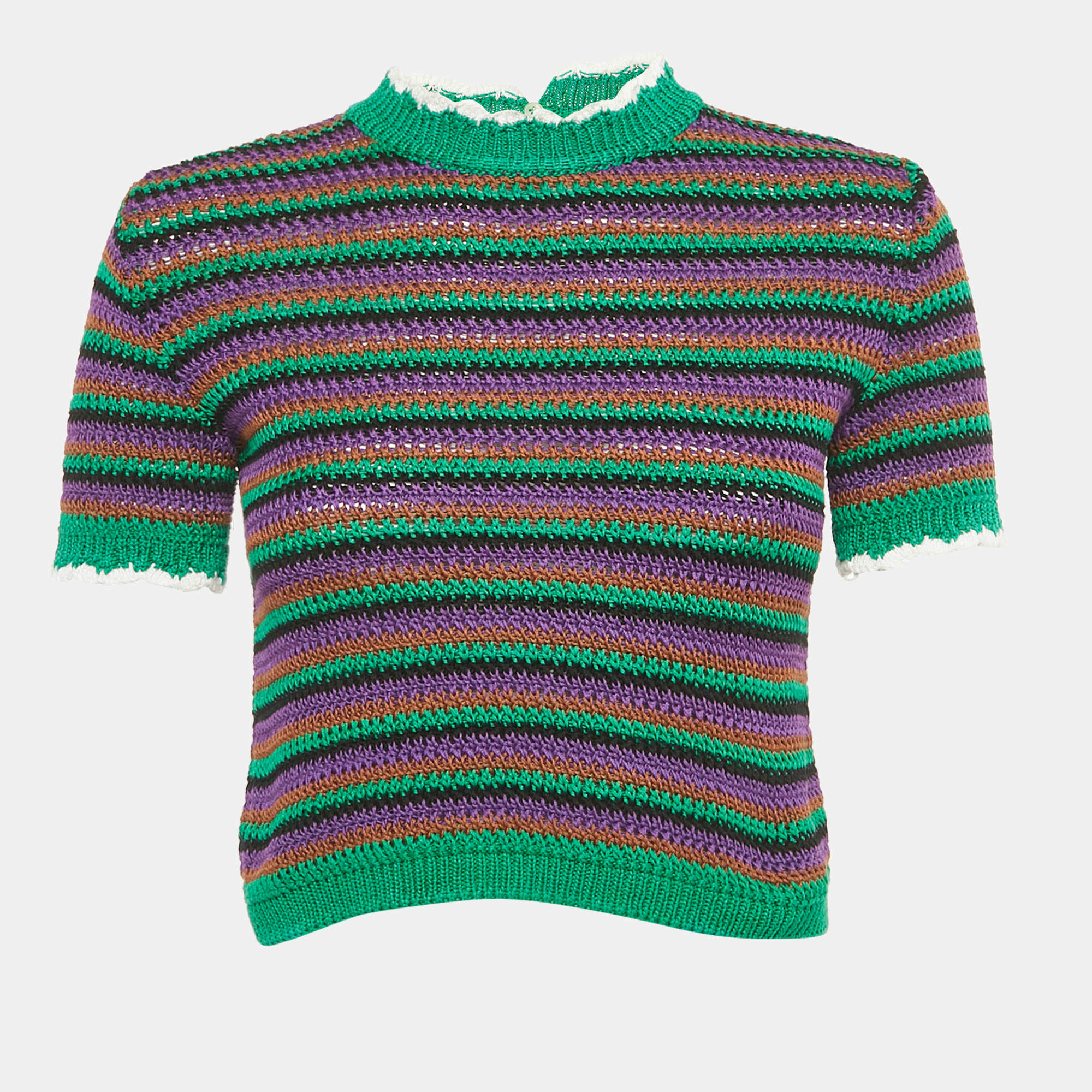 Pre Owned Miu Miu Multicolor Stripe Crochet Knit Short Sleeve Sweater S