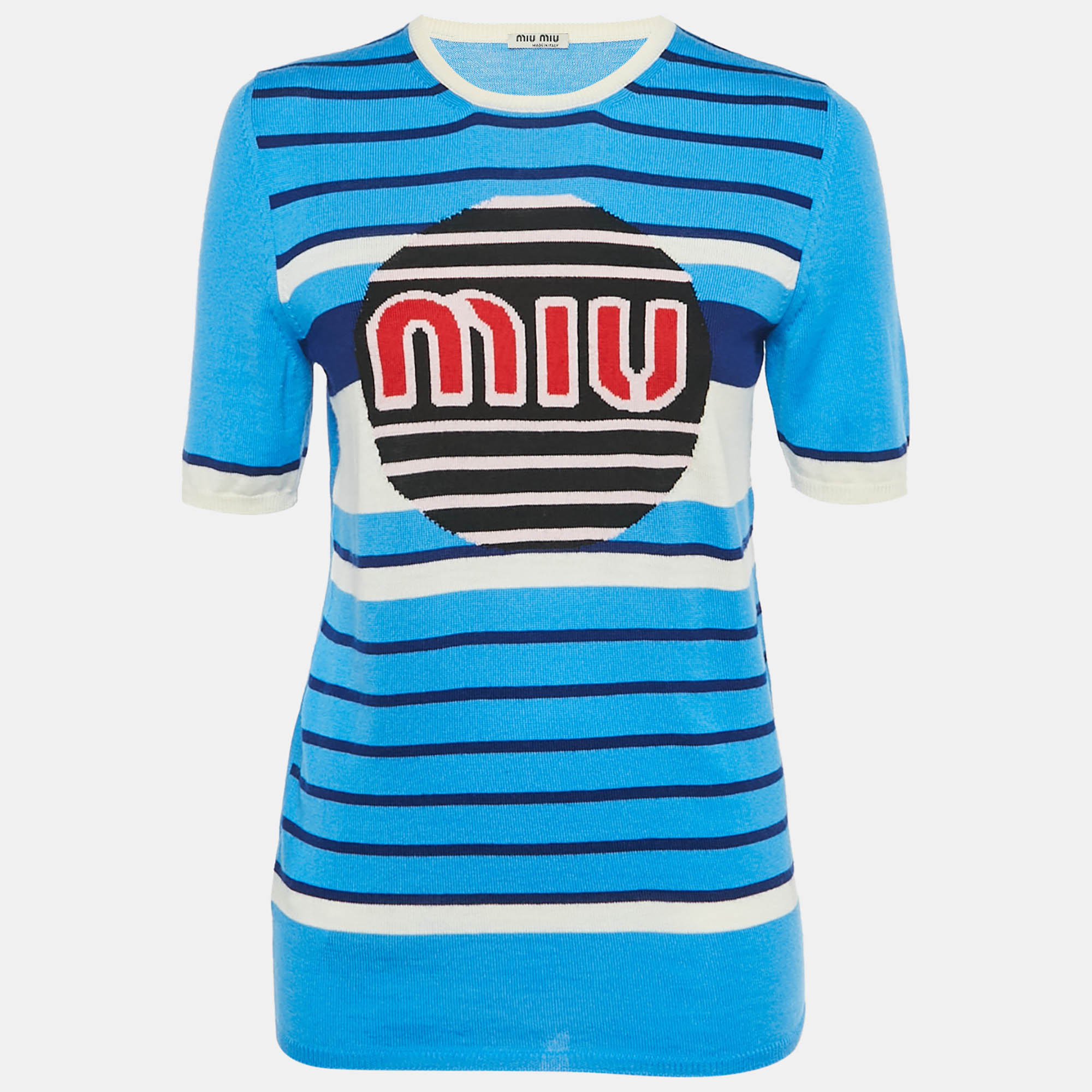 Pre Owned Miu Miu Blue Intrasia Wool Knit Short Sleeve Sweater M