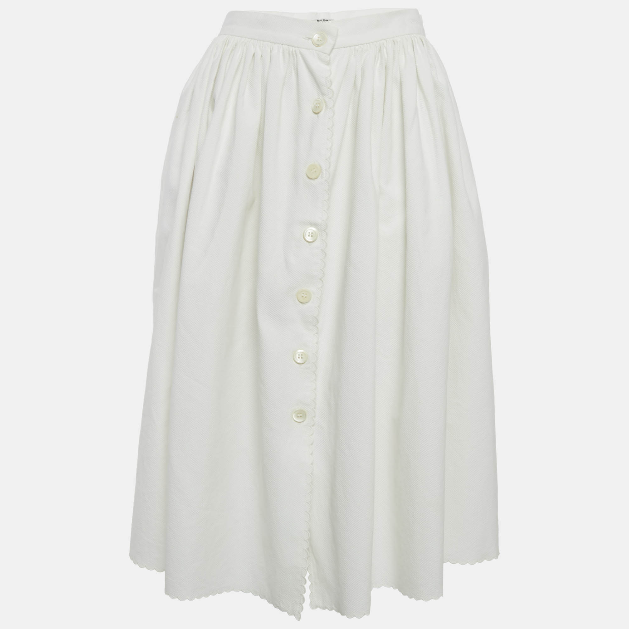 Pre Owned Miu Miu White Cotton Button Front Midi Skirt M