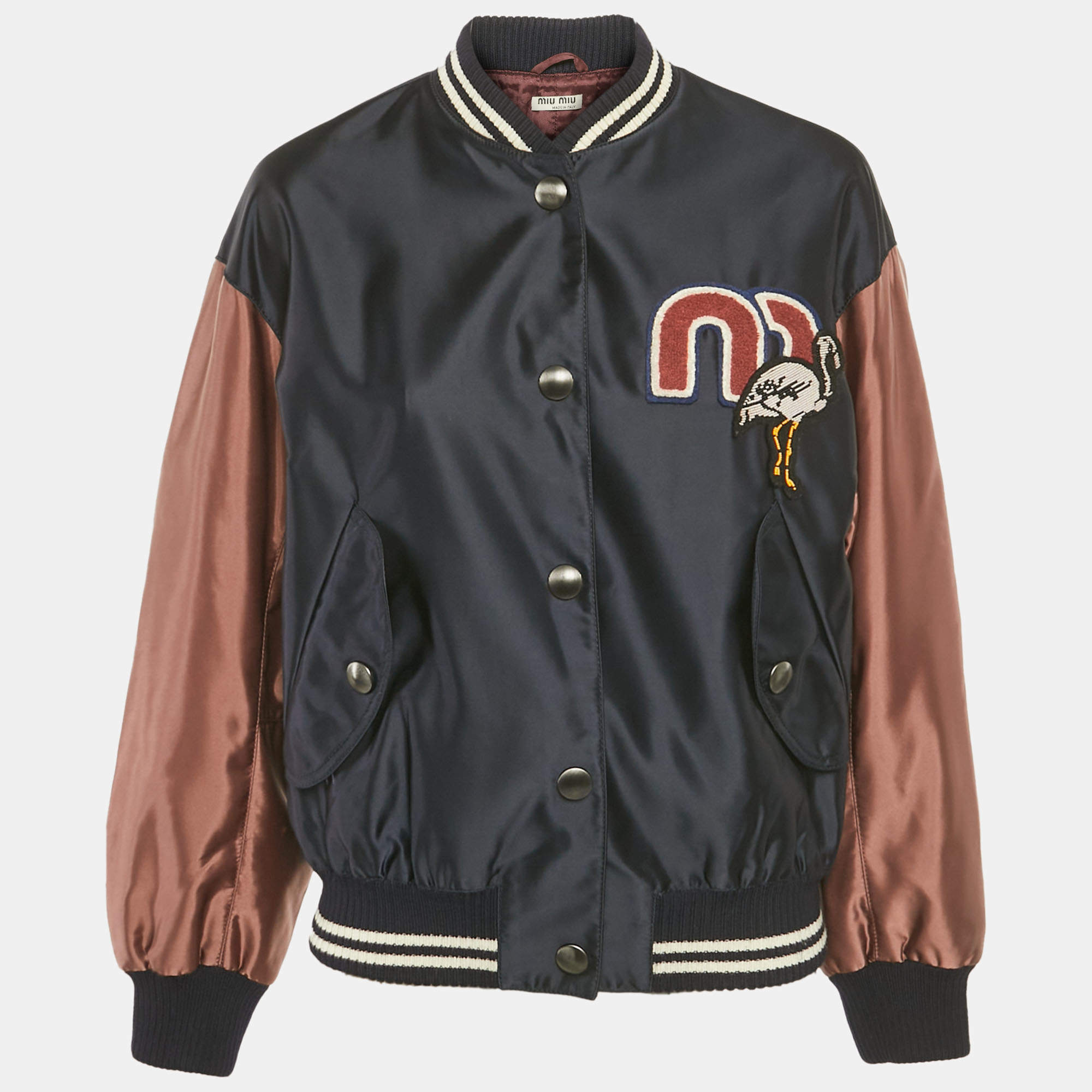 Pre Owned Miu Miu Navy Blue Nylon Applique Detail Button Front Varsity Jacket S