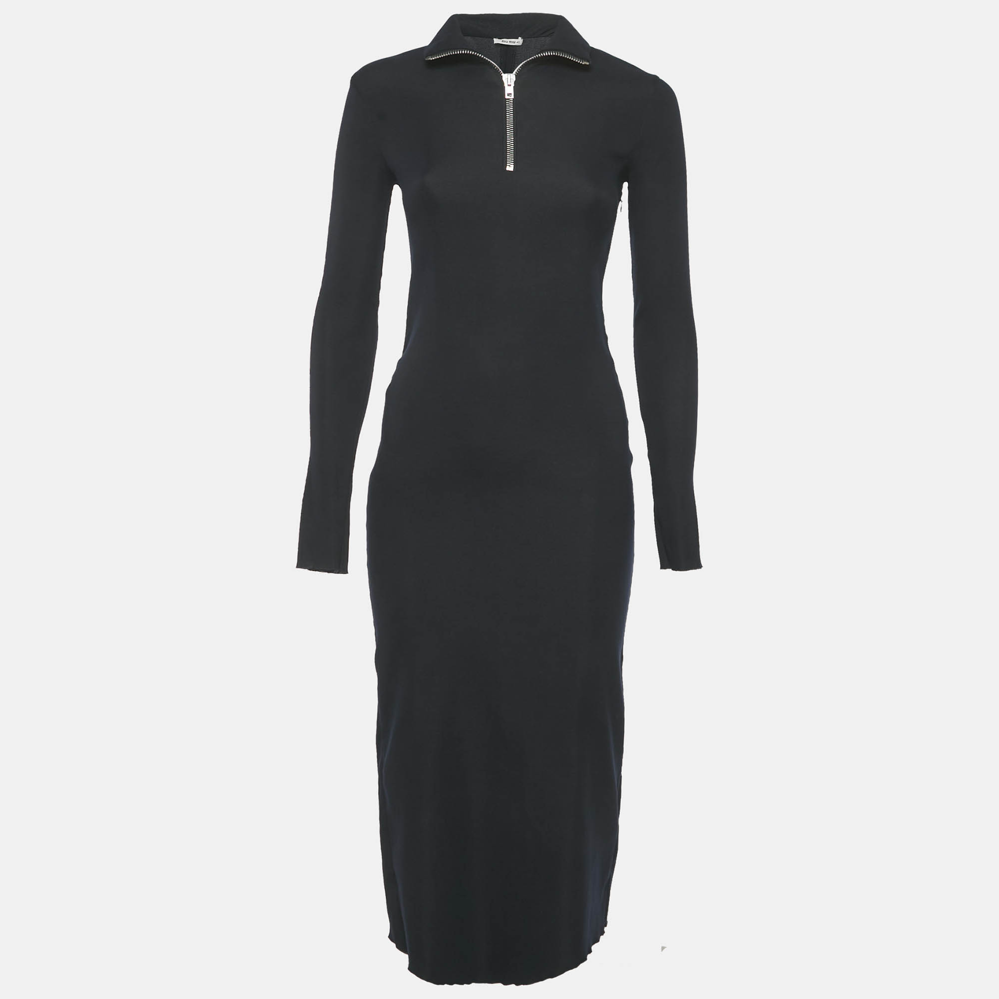 Pre Owned Miu Miu Midnight Blue Jersey Zip Up Maxi Dress S