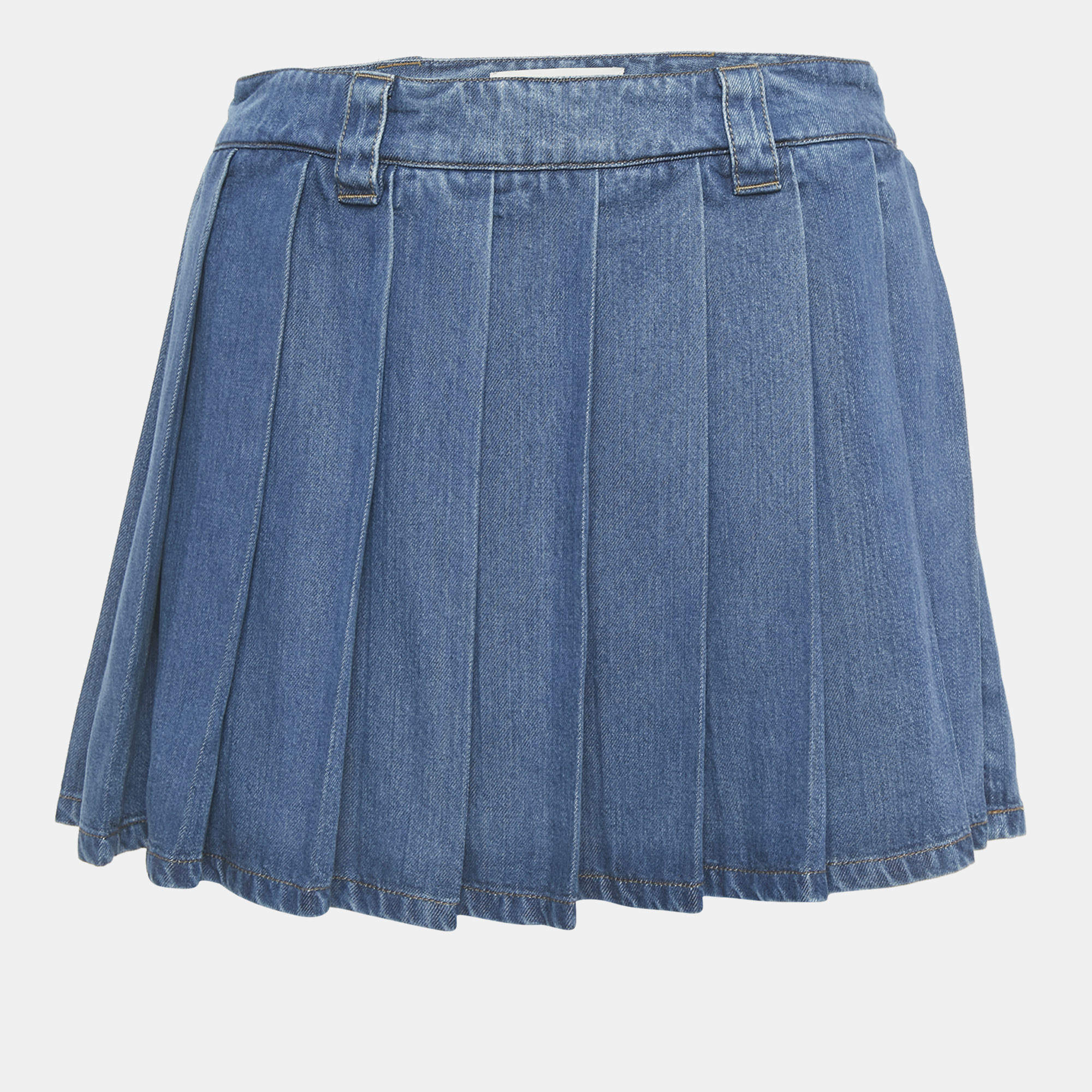 Pre Owned Miu Miu Blue Logo Embroidered Peated Denim Mini Skirt XS