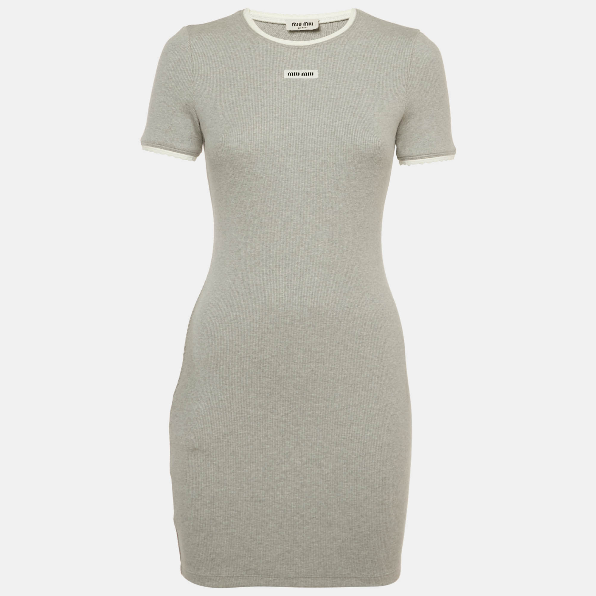 Pre Owned Miu Miu Grey Logo Patch Rib Knit Mini Dress XS