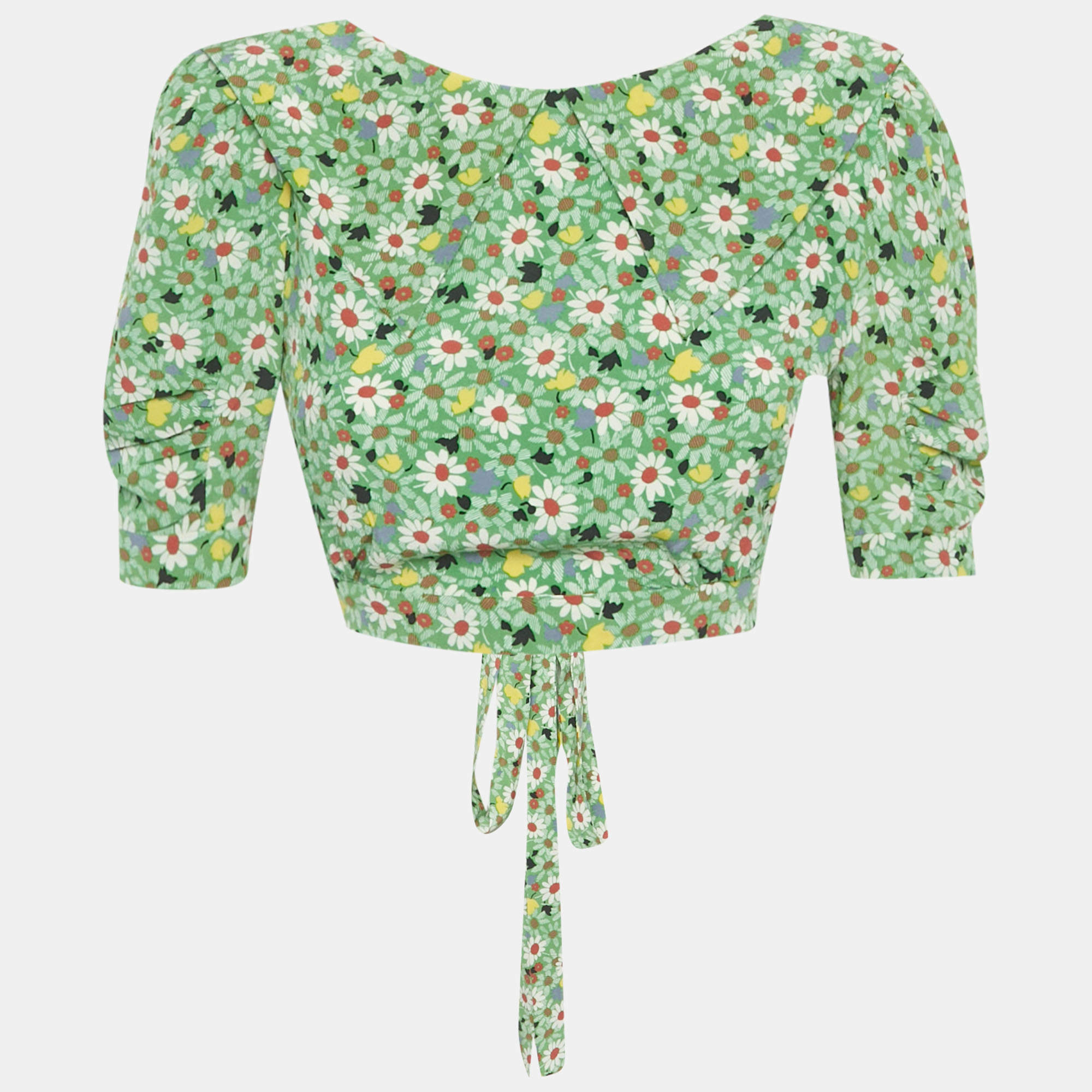 Pre Owned Miu Miu Green Floral Print Crepe Silk Tie Detail Crop Top S