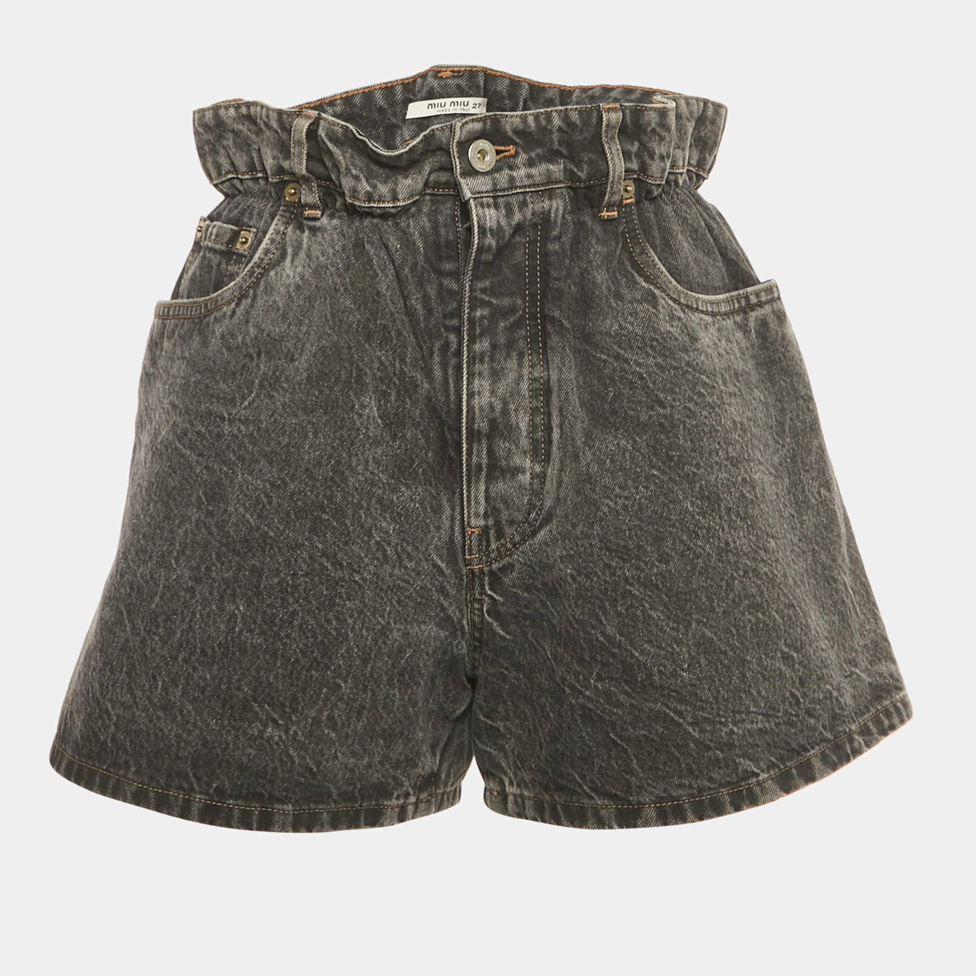 Pre Owned Miu Miu Black Washed Denim Elasticized Waist Shorts S