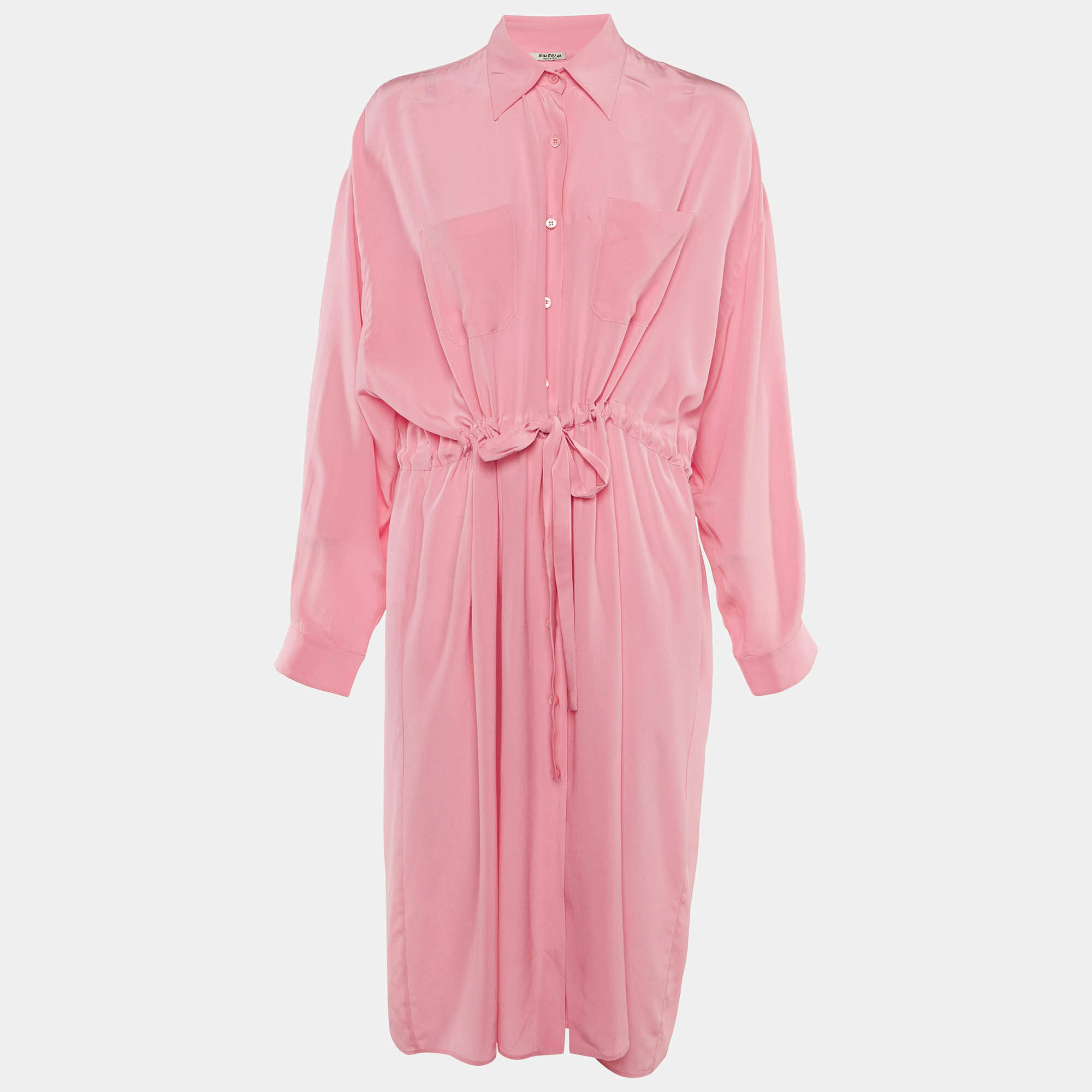 Pre Owned Miu Miu Pink Silk Button Front Midi Dress M