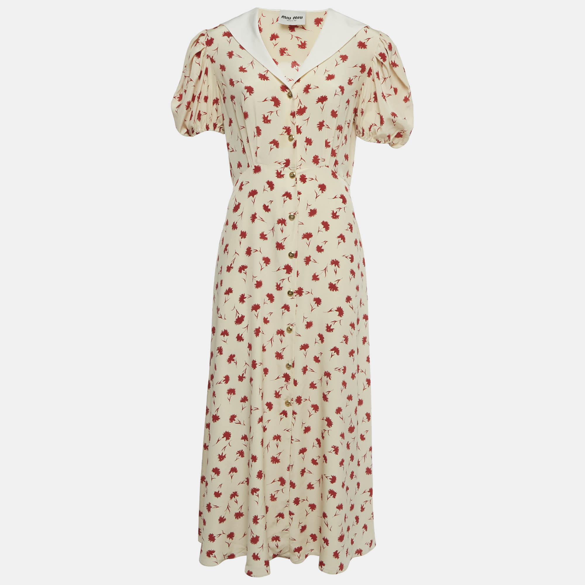 Pre Owned Miu Miu Cream Floral Print Silk Maxi Dress M