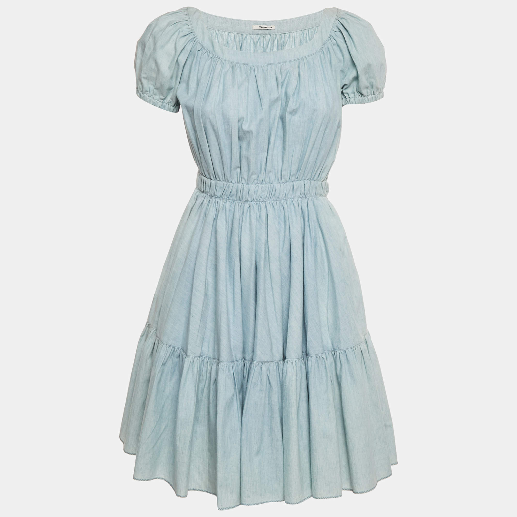 Pre Owned Miu Miu Blue Denim Puff Sleeve Mini Dress XS