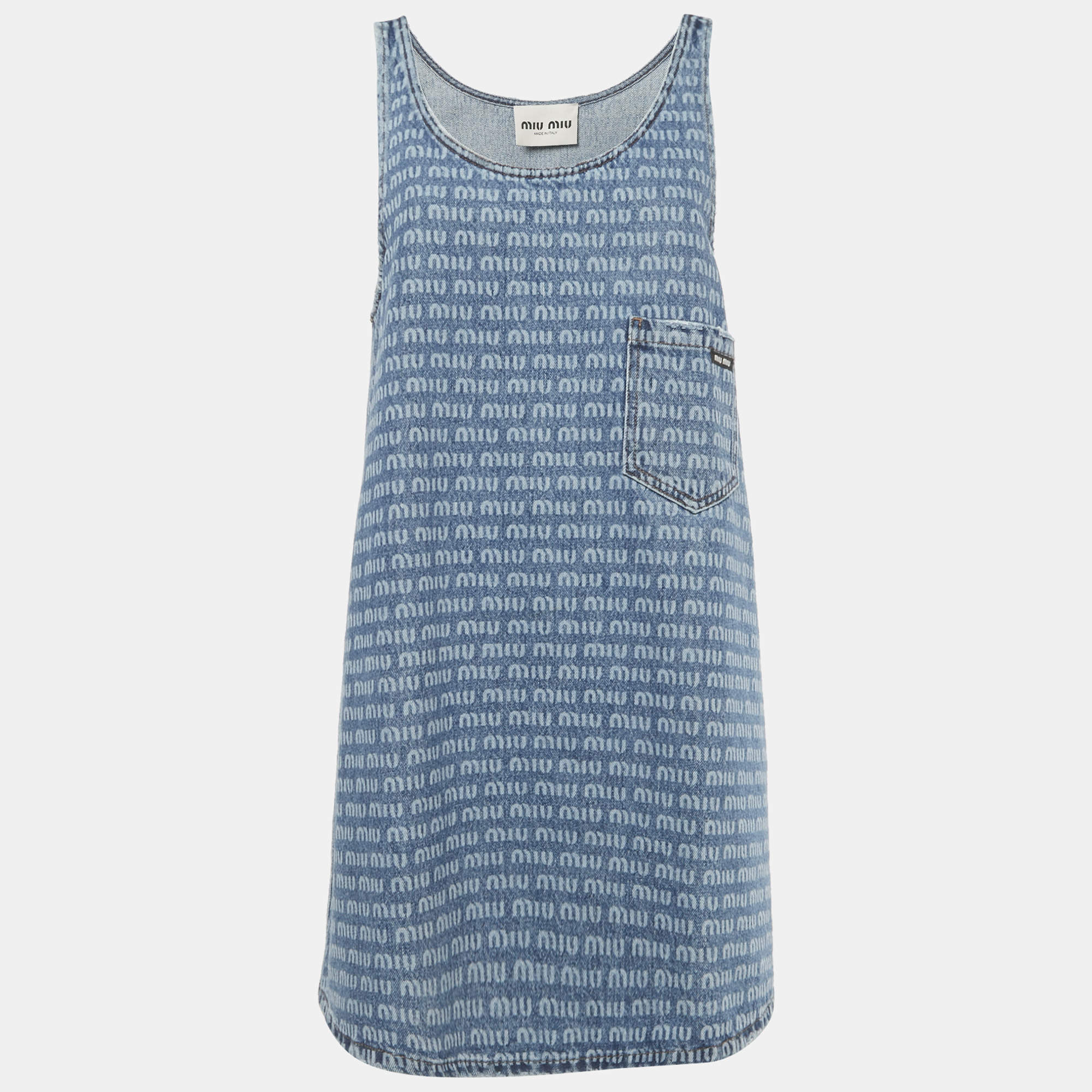 Pre Owned Miu Miu Blue Logo Print Denim Sleeveless Shift Dress S
