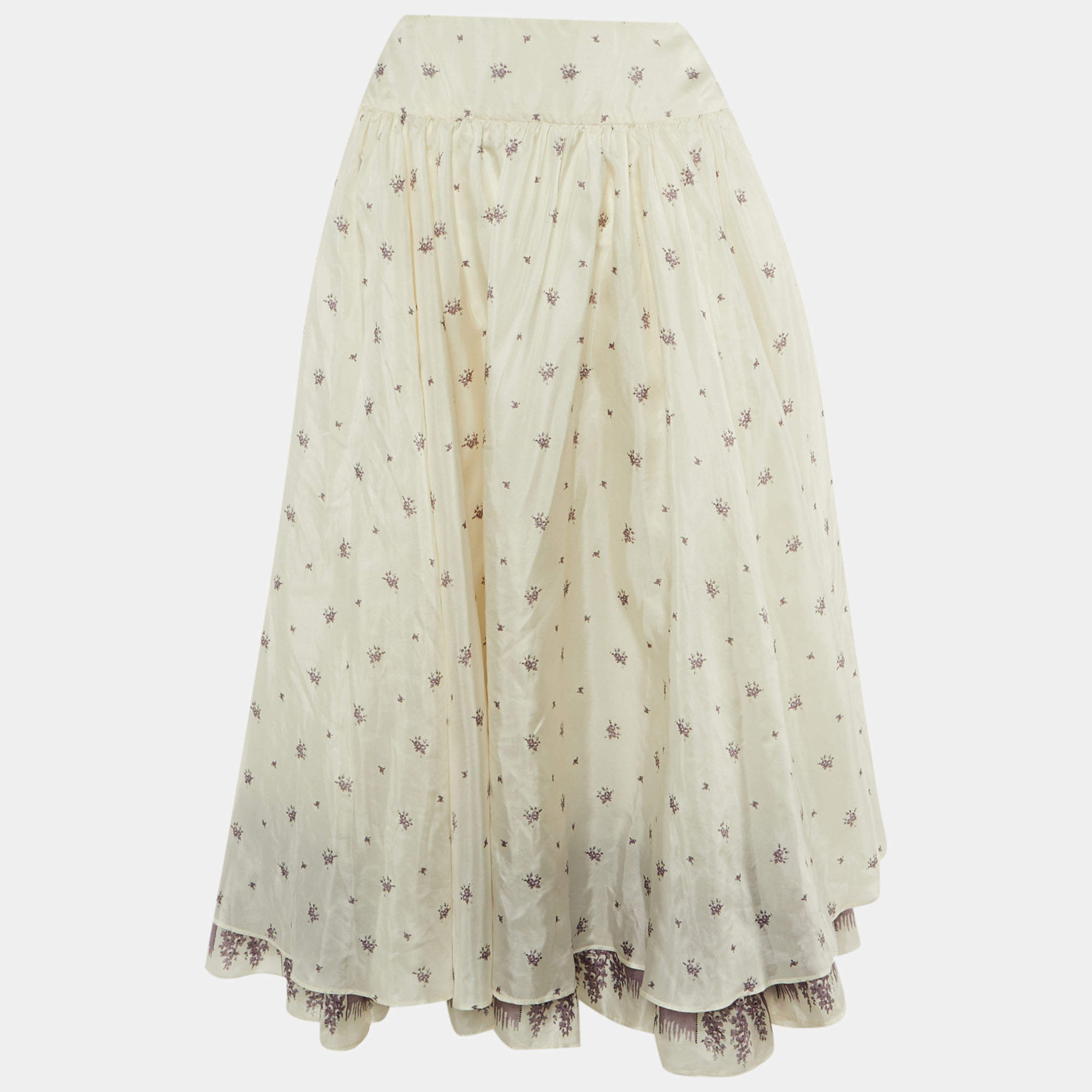 Pre Owned Miu Miu White Floral Print Silk Midi Skirt XL