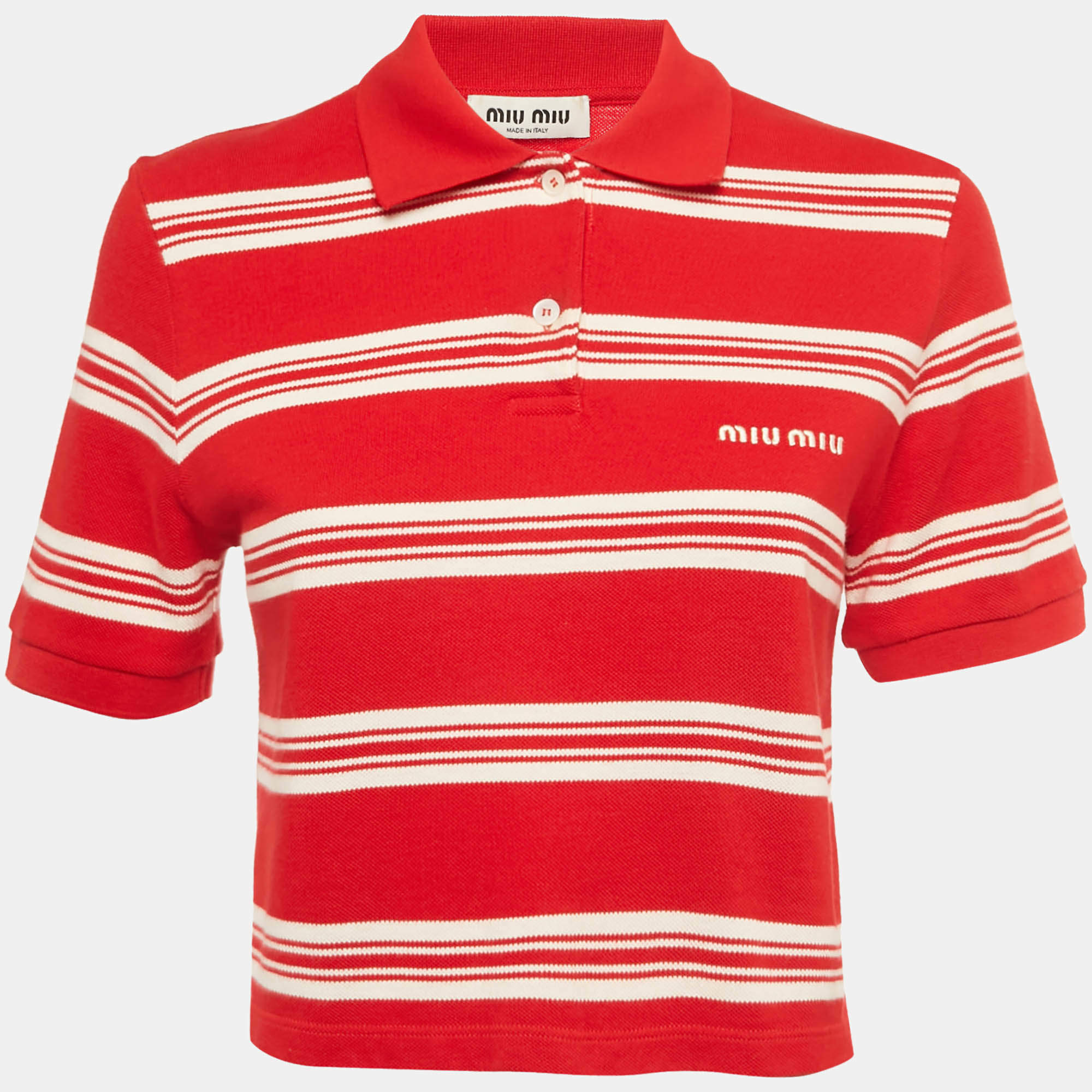 Pre Owned Miu Miu Red Stiped Cotton Knit Cropped Polo T-shirt S