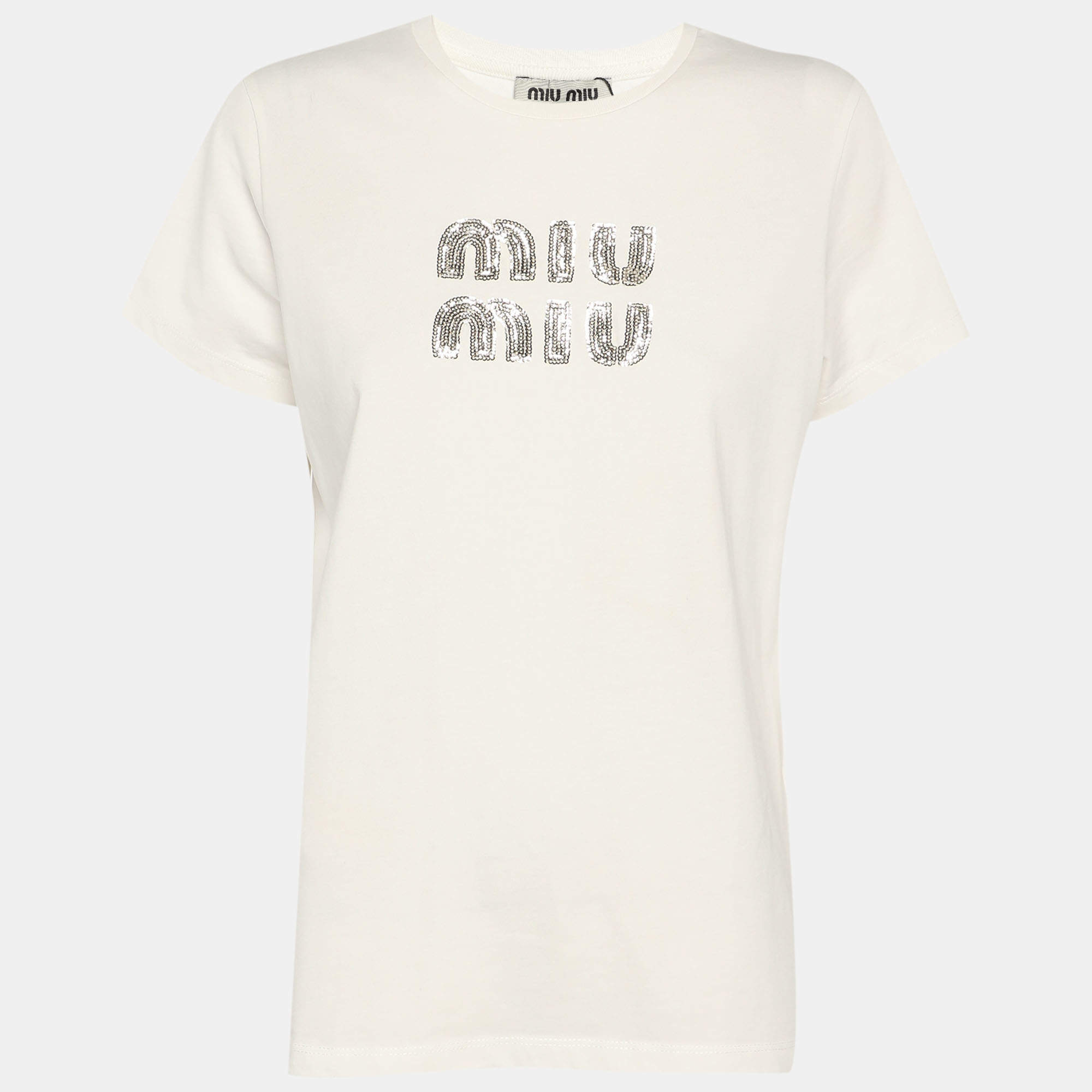 Pre Owned Miu Miu White Jersey Logo T-Shirt XS