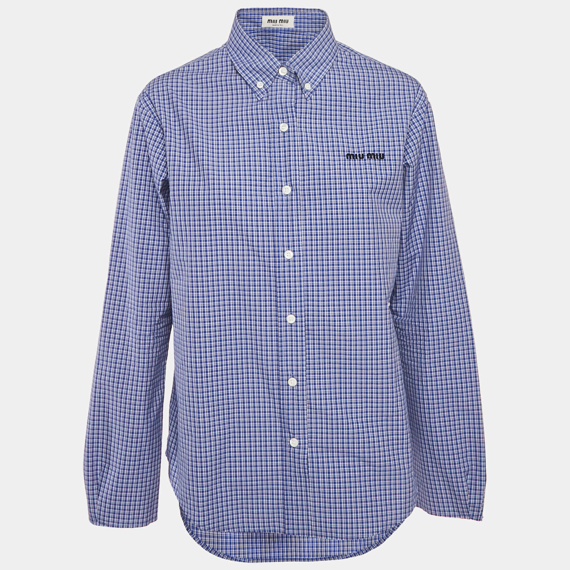 Pre Owned Miu Miu Blue Checked Cotton Logo Embroidered Shirt M