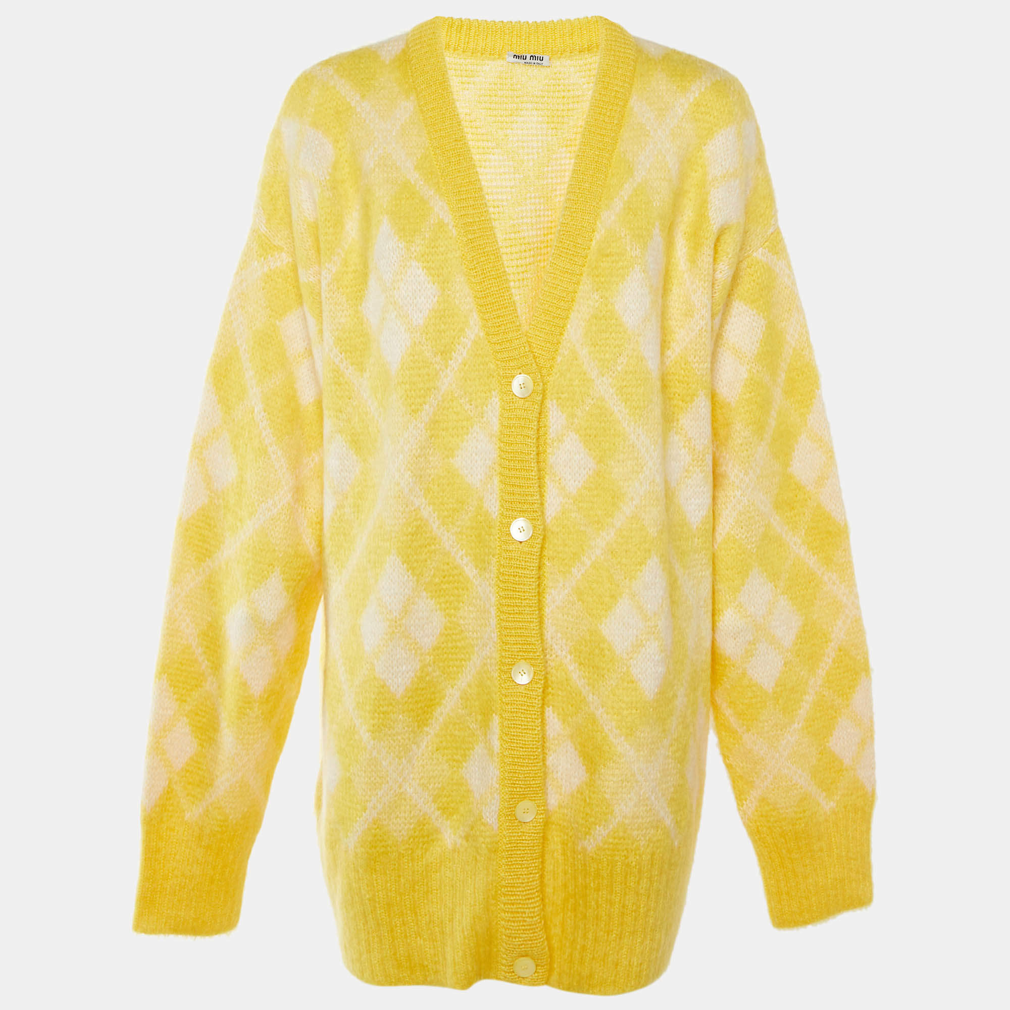 Pre Owned Miu Miu Yellow Argyle Wool Blend Oversize Cardigan L