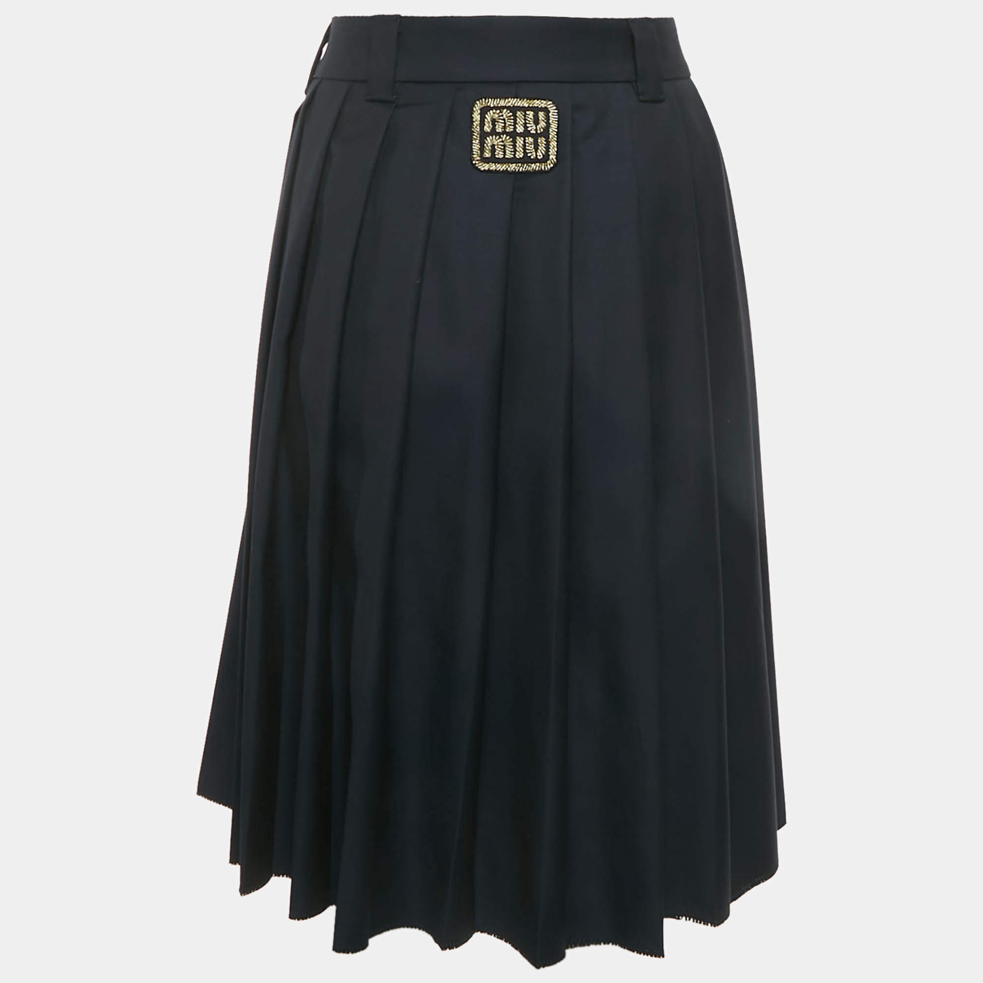 Pre Owned Miu Miu Blue Logo Applique Wool Pleated Knee Length Skirt M