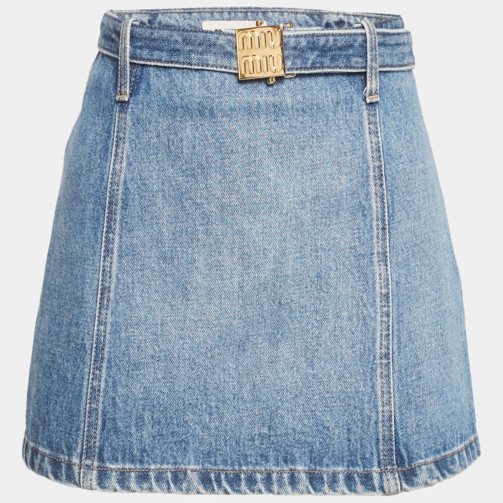 مملوكة مسبقًا Miu Miu Blue Logo Detail Belt Denim Mini Skirt XS/Waist 25"