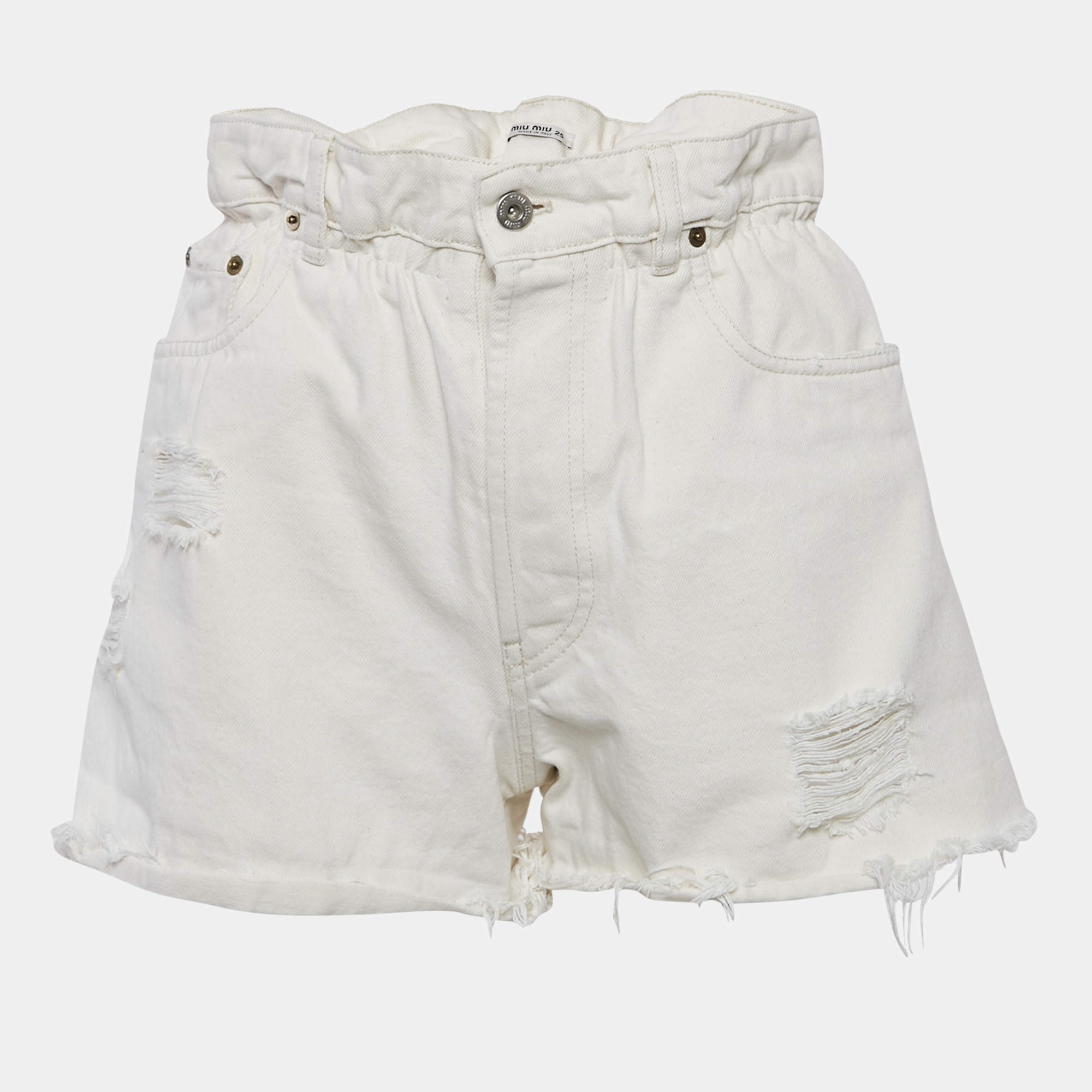 Pre Owned Miu Miu Off-White Denim Elastic Waist Distressed Shorts S
