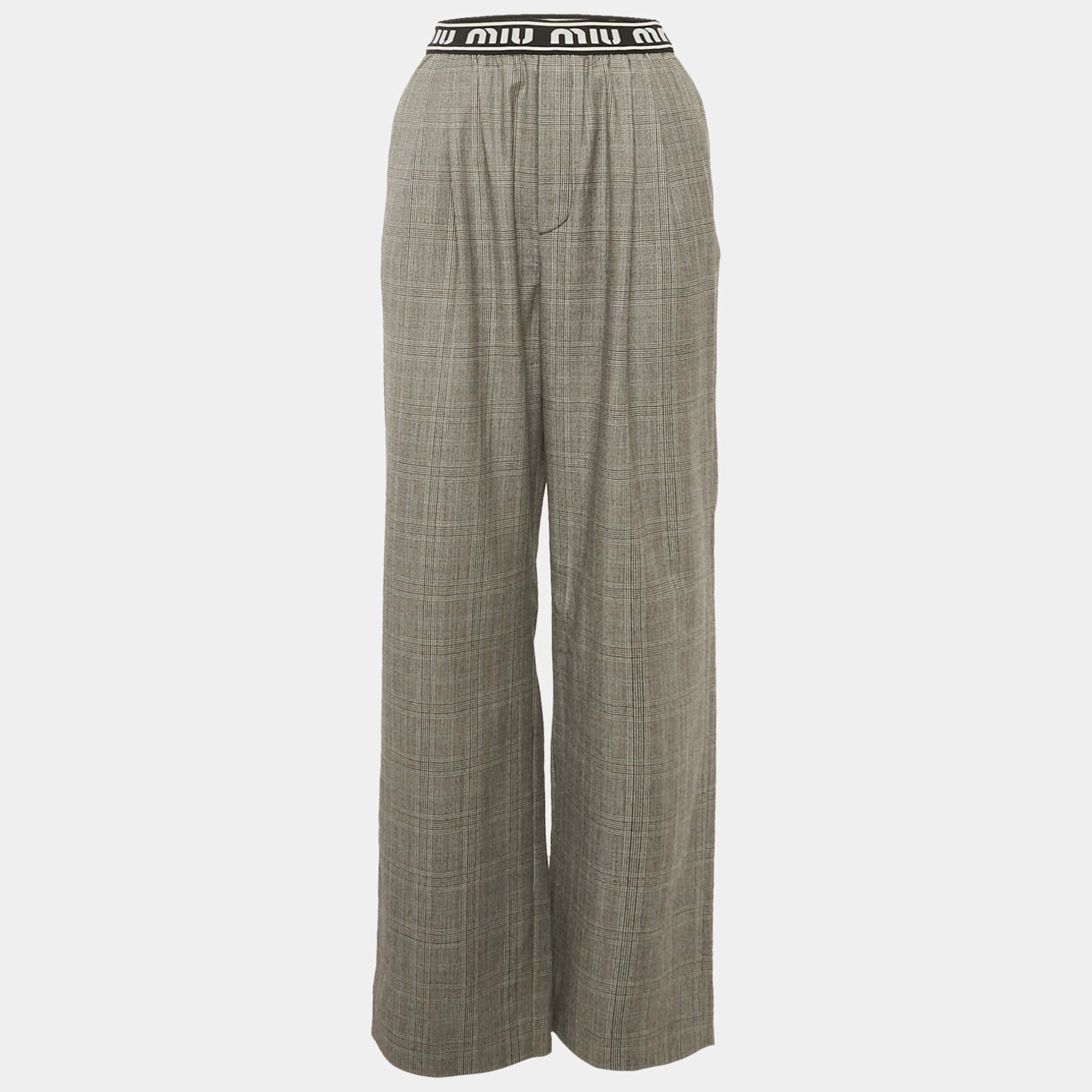 Pre Owned Miu Miu Dark Grey Plaid Wool Straight Leg Pants S
