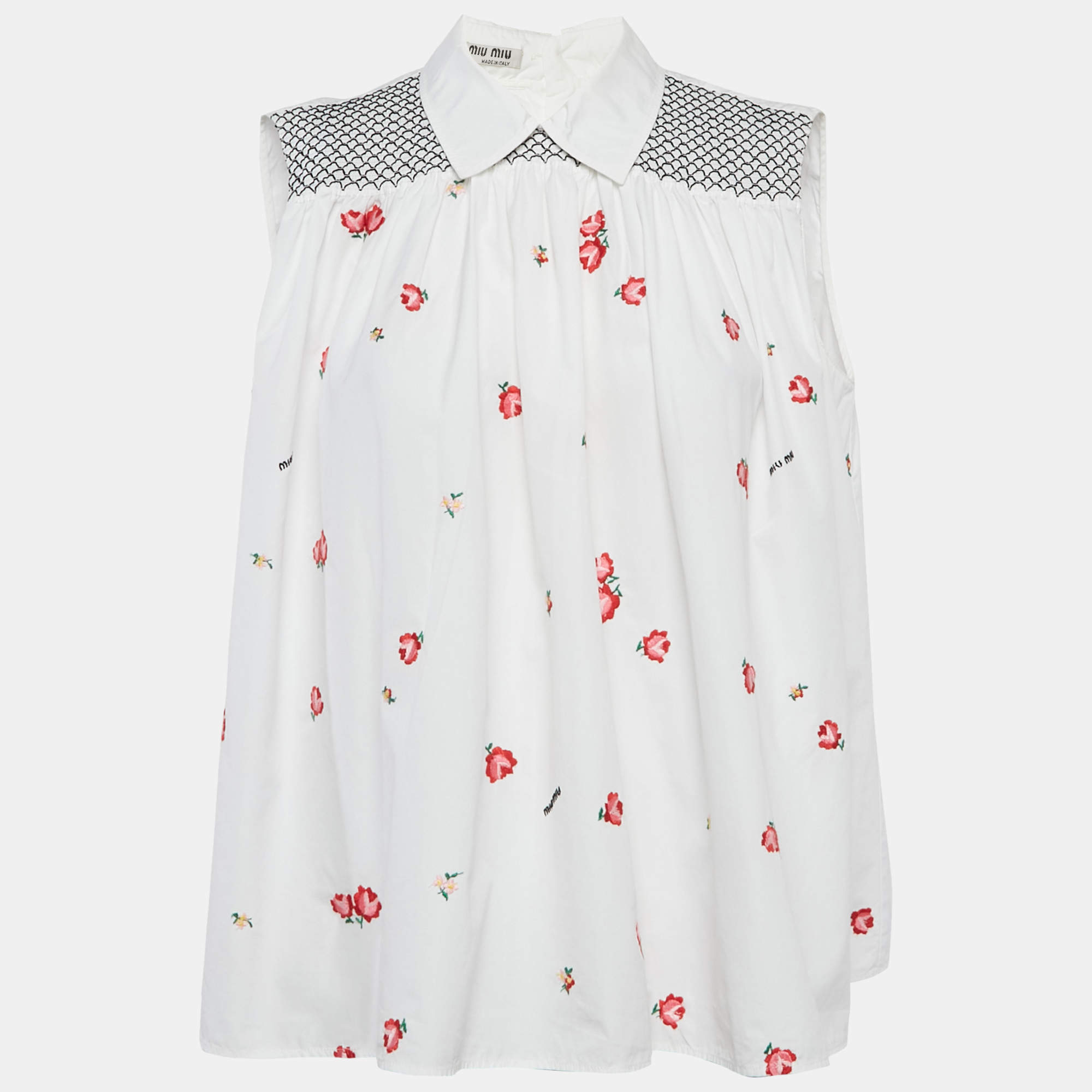 مملوكة مسبقًا Miu Miu White Floral Embroidered Smock Blouse S