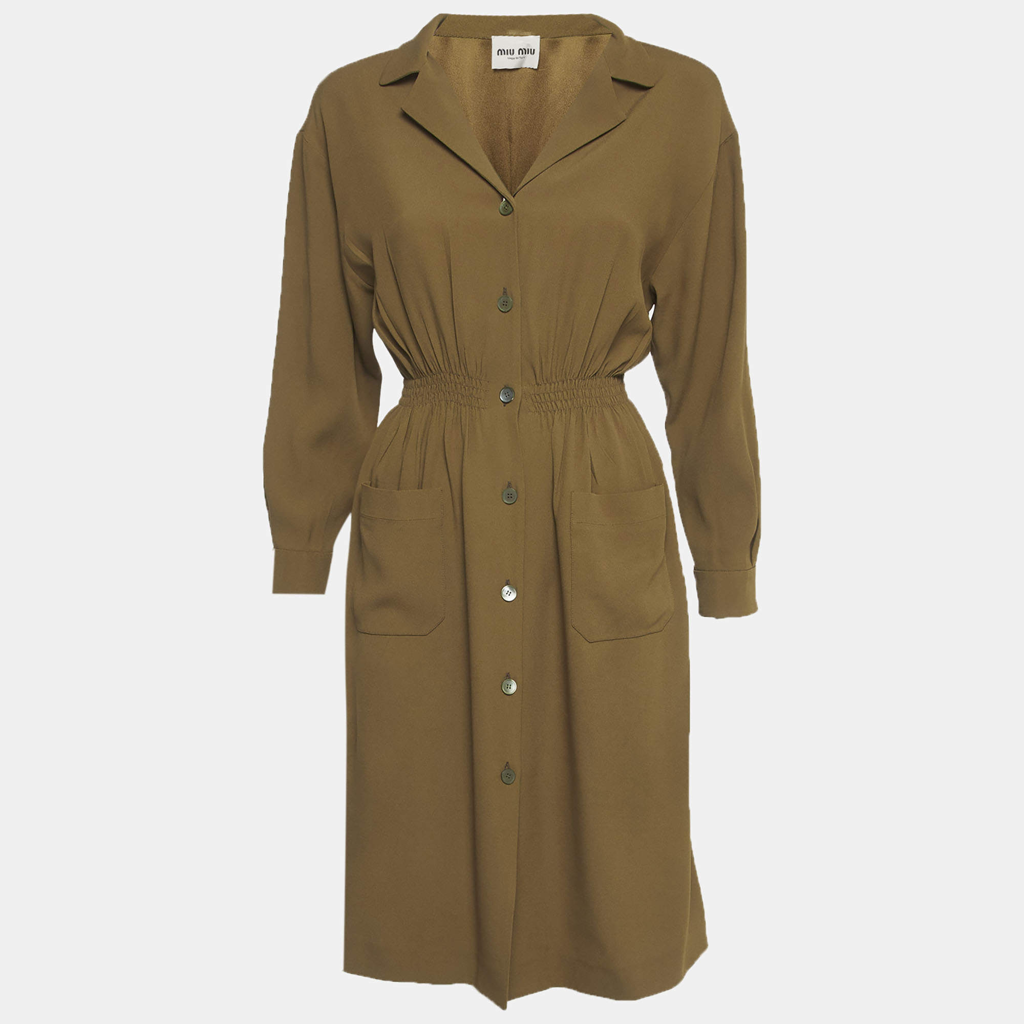 Pre Owned فستان قميص ميو ميو زيتوني كريب بأكمام طويلة مقاس صغير - سمول