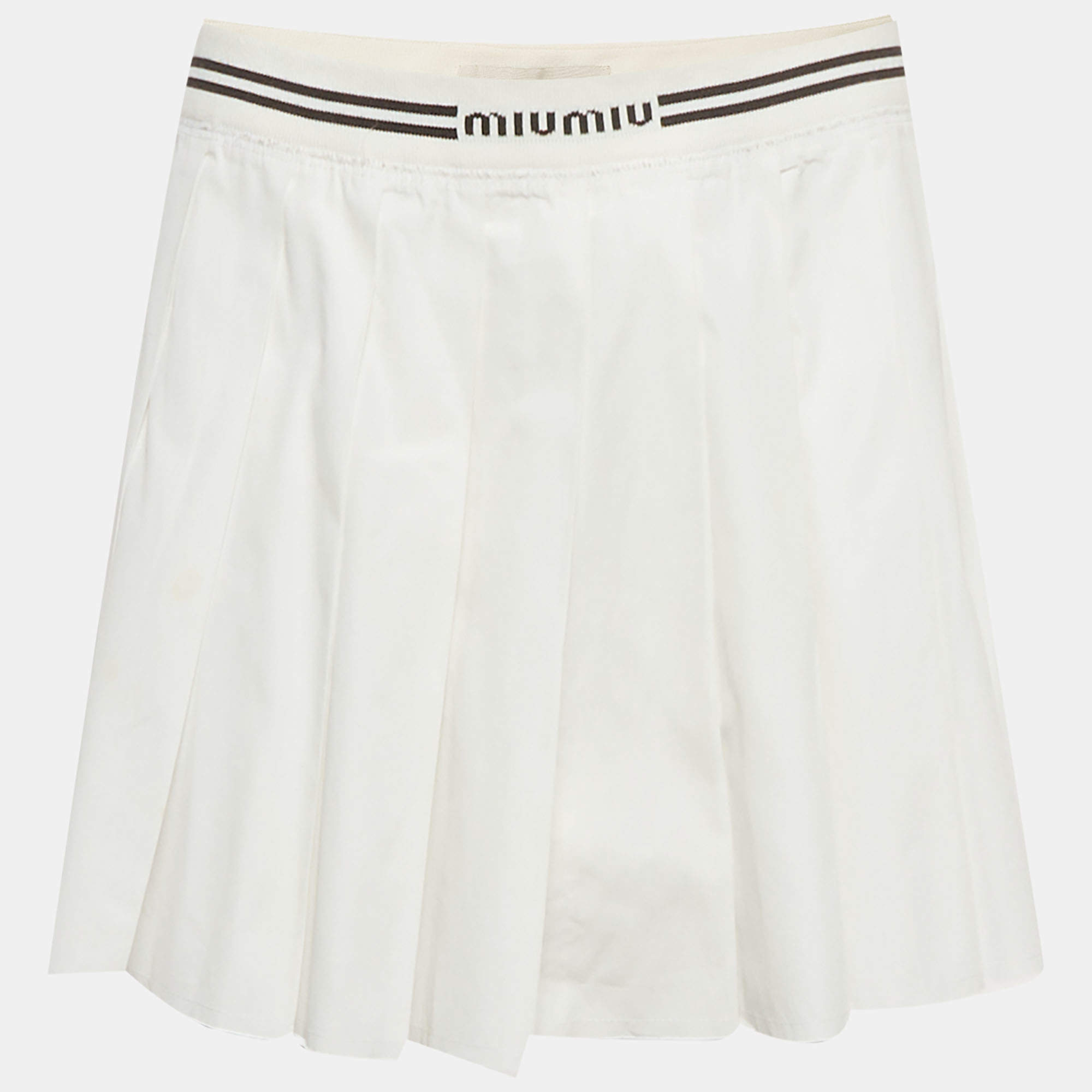 Pre Owned Miu Miu White Cotton Pleated Tennis Mini Skirt S