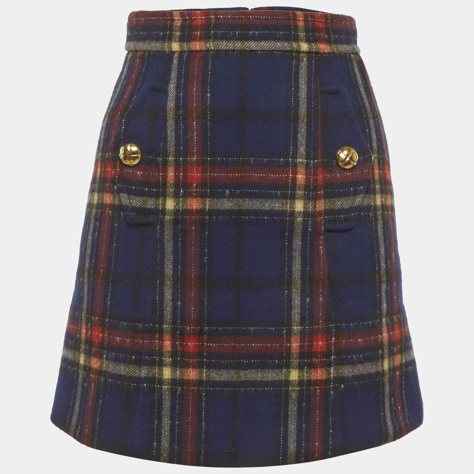مملوكة مسبقًا Miu Miu Navy Blue/Red Plaid Wool Mini Skirt XS