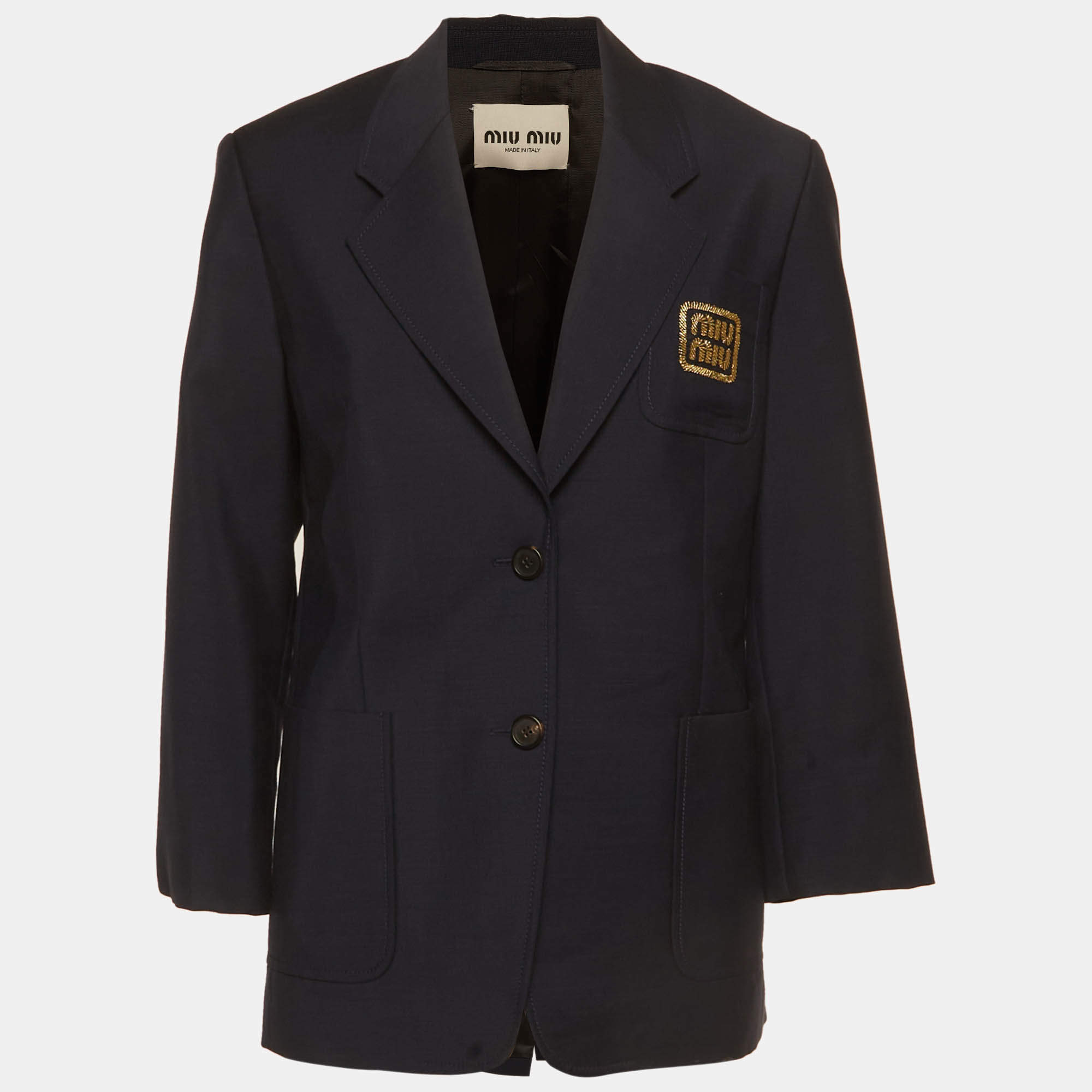 مملوكة مسبقًا Miu Miu Navy Blue Logo Embroidered Wool Blazer XS