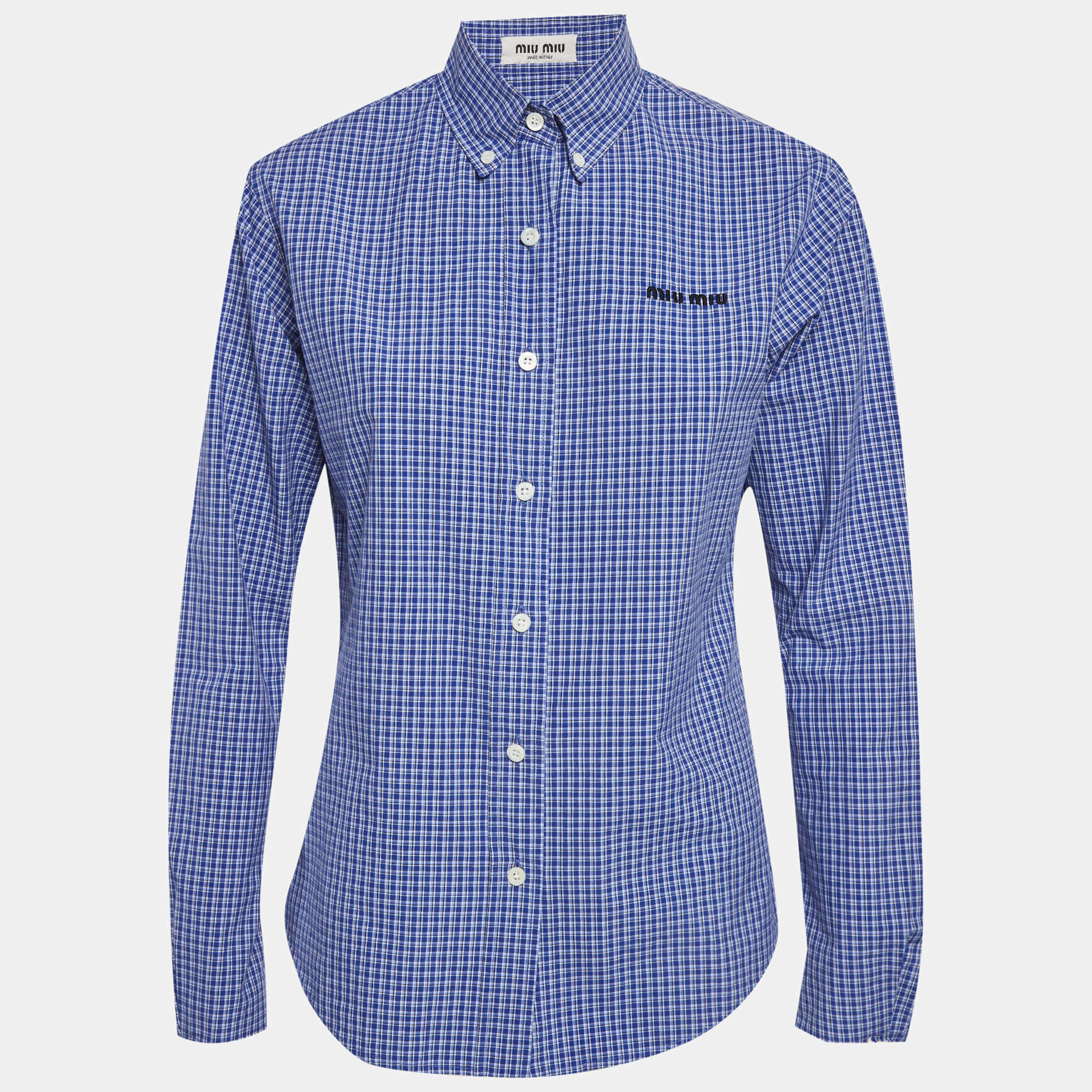 Pre Owned Miu Miu Blue Checks Poplin Long Sleeve Shirt M