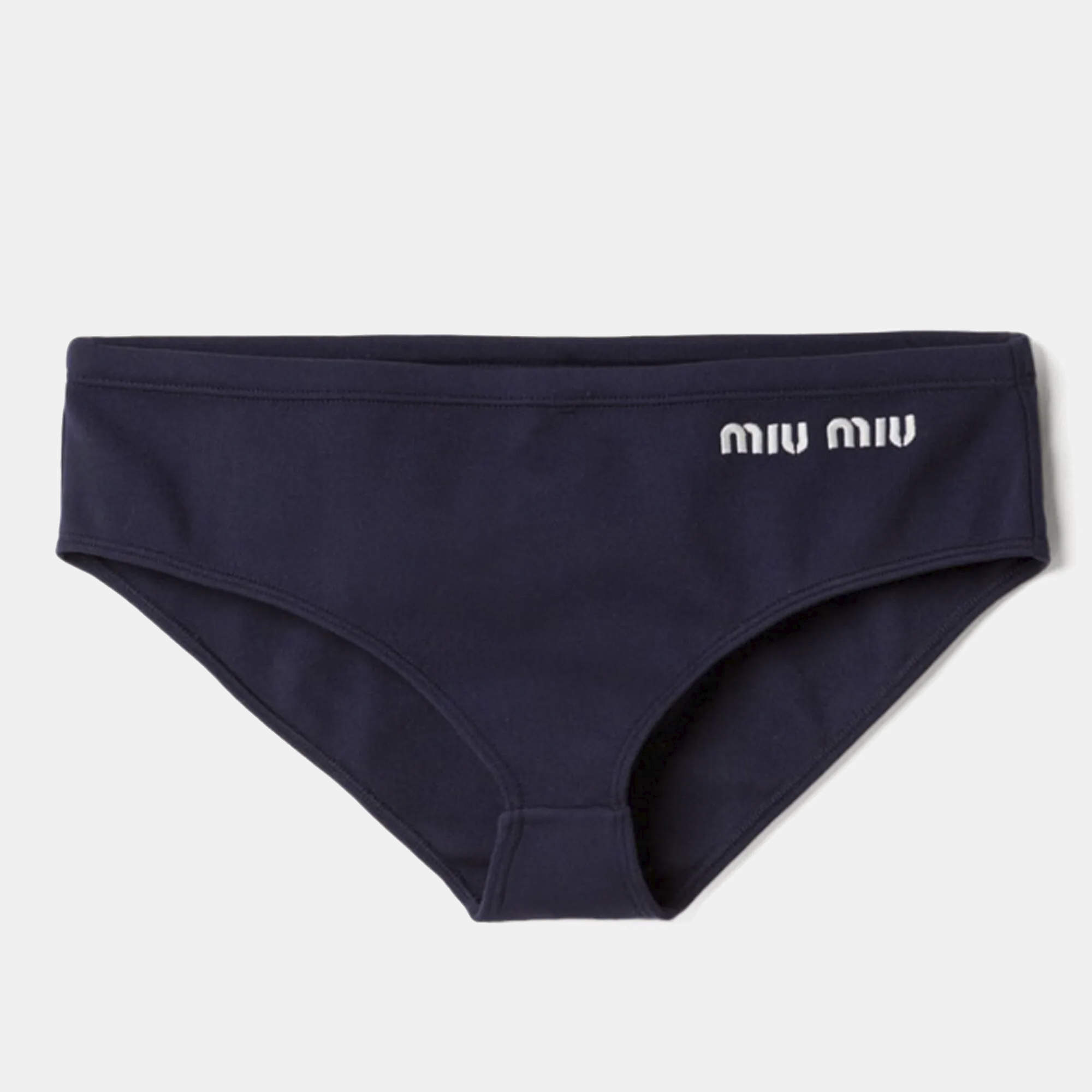 Pre Owned Miu Miu Navy Blue Logo Embroidered Jersey Bikini Bottoms XS