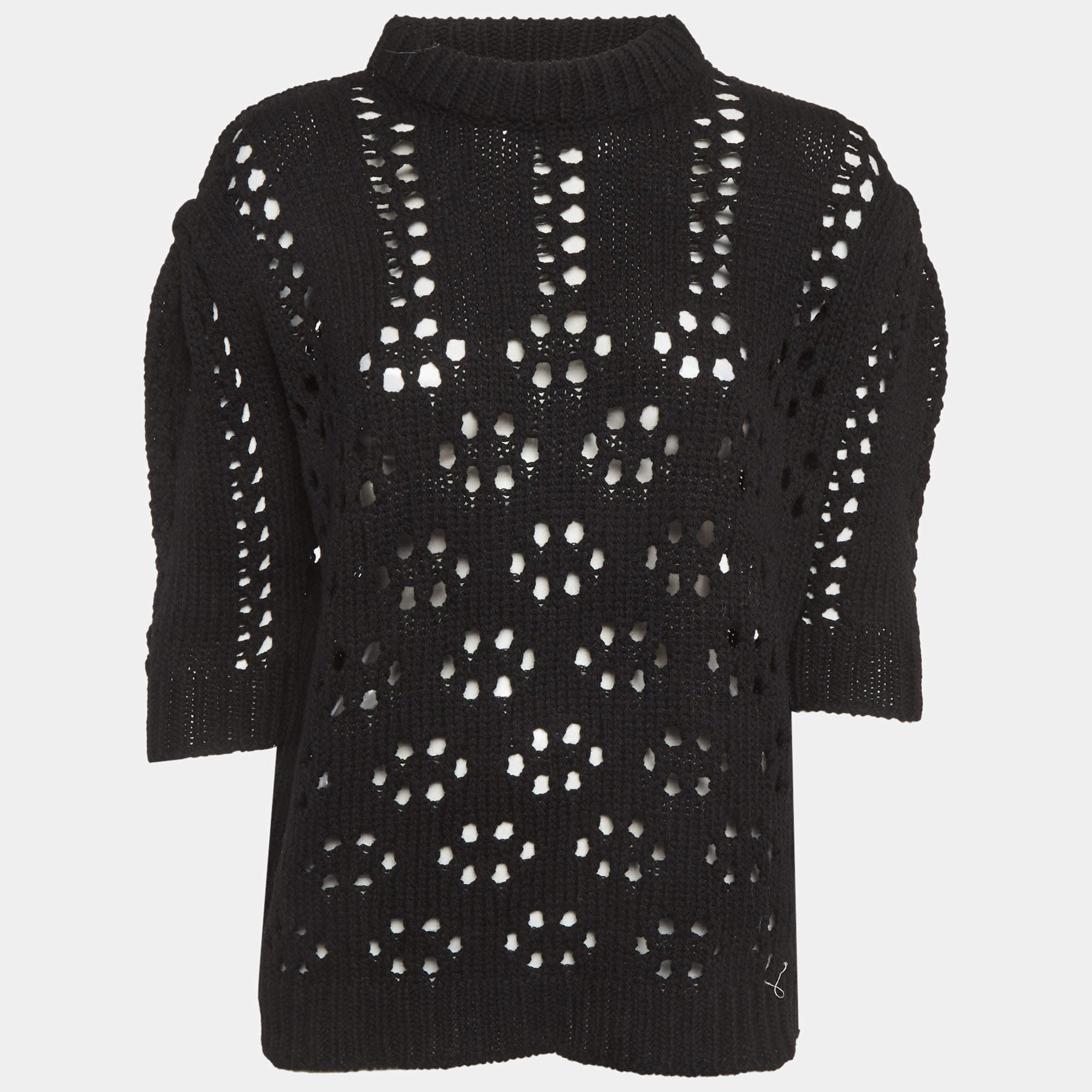 مملوكة مسبقًا بلوفر ميو ميو صوف مفتوح أسود بأكمام قصيرة صغير