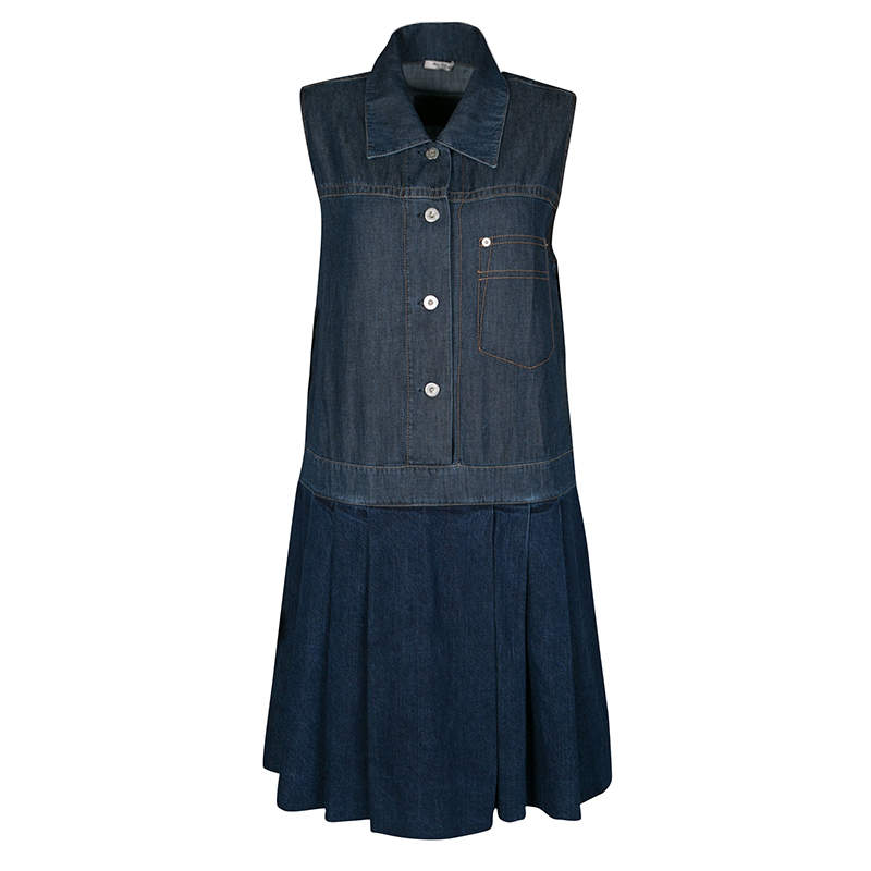 مملوكة مسبقًا Miu Miu Indigo Dark Wash Colorblock Denim Sleeveless Pleated Dress M