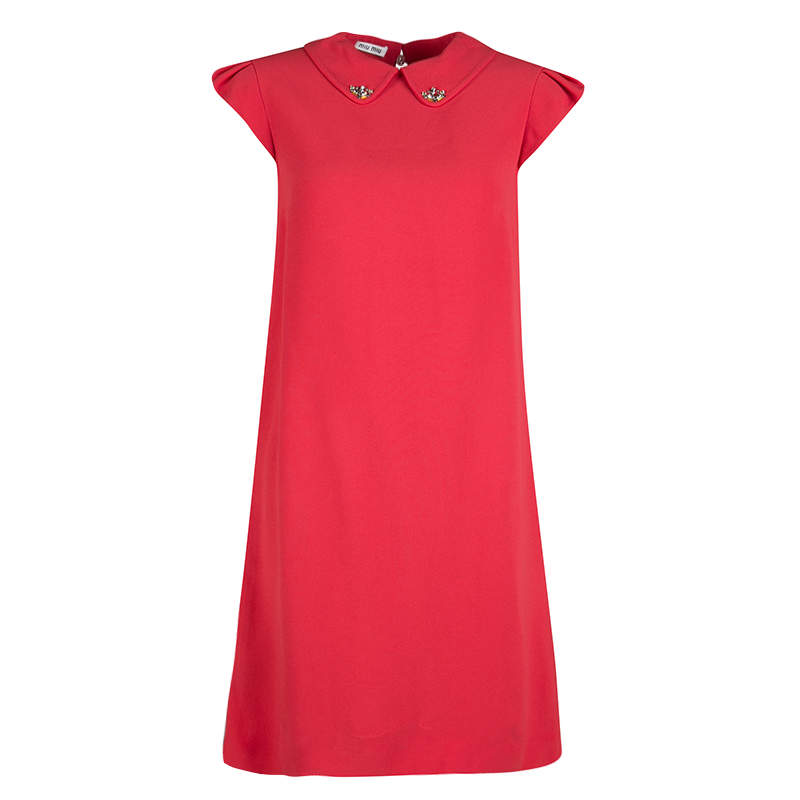 Pre Owned فستان ميو ميو أحمر مزخرف بياقة أكمام قصيرة S