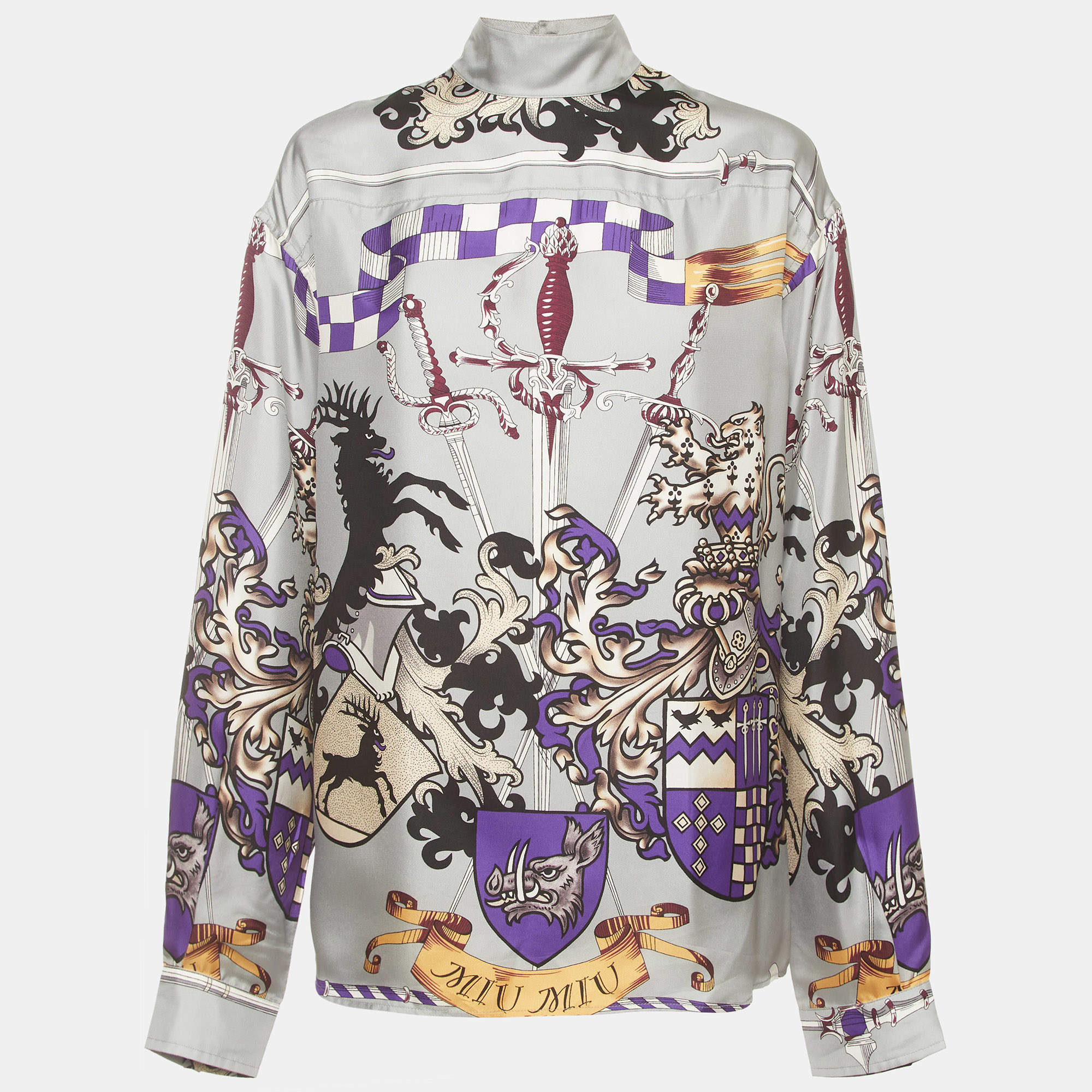 Pre Owned Miu Miu Grey Sword Print Sateen Mock Neck Blouse S