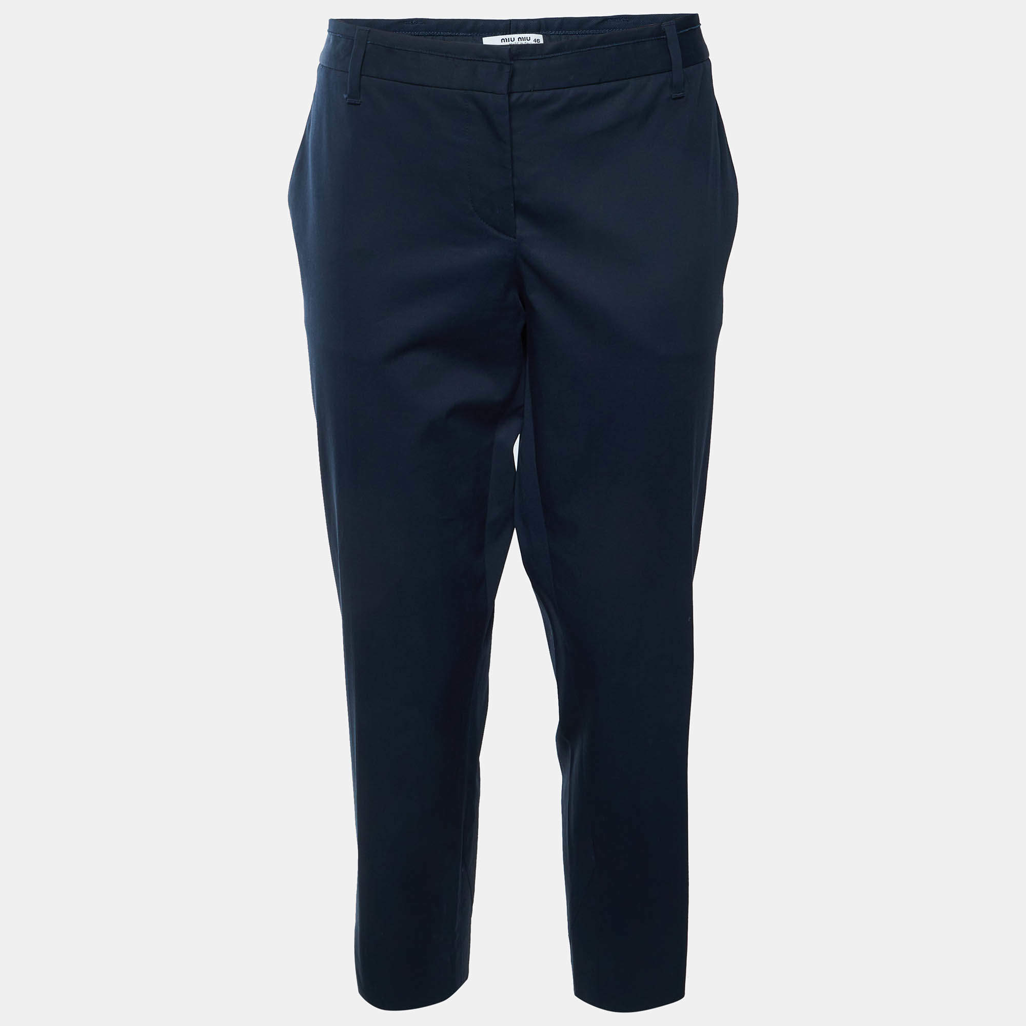 Pre Owned Miu Miu Navy Blue Cotton Tapered Trousers L