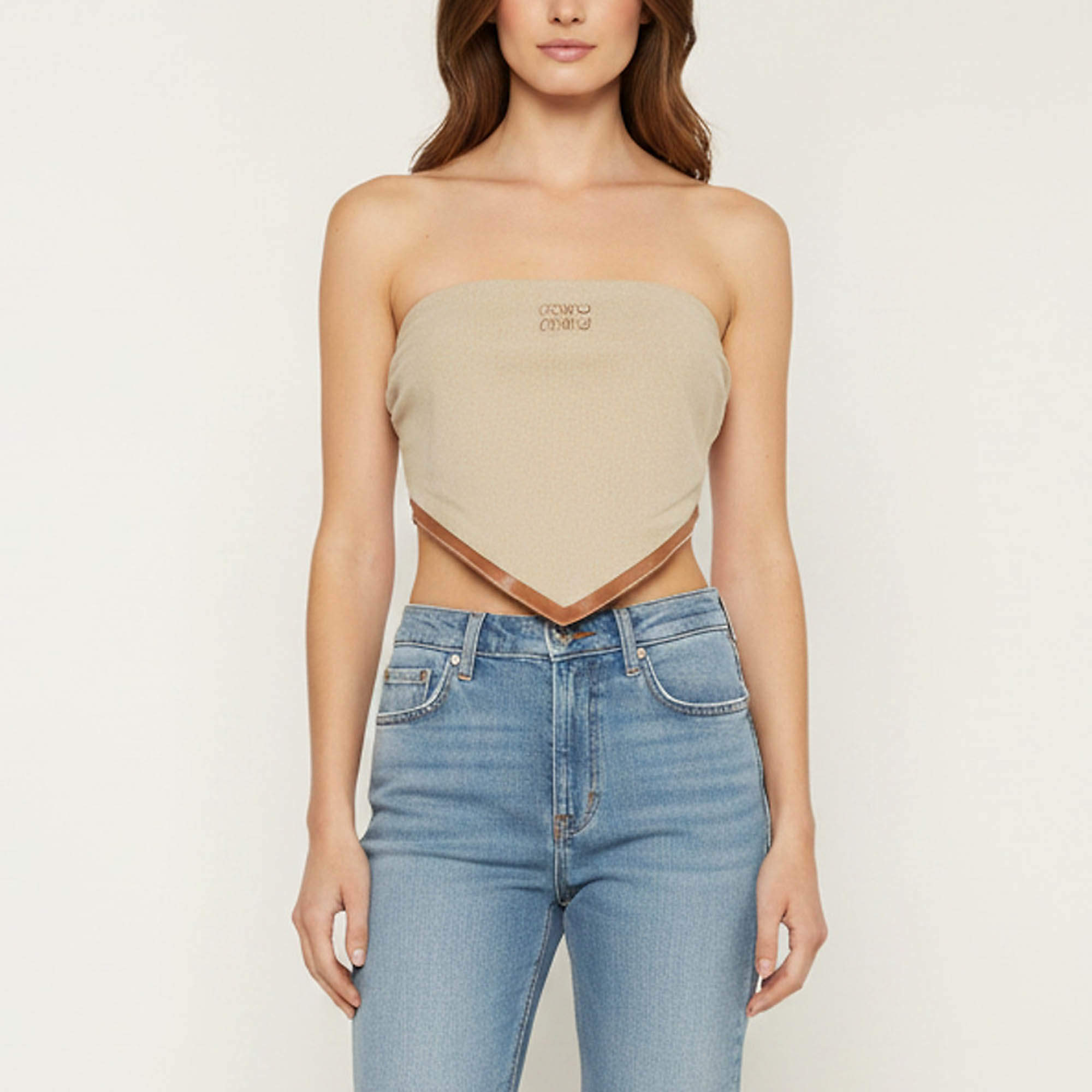 Pre Owned Miu Miu Brown Logo Embroidered Canvas Back Open Bandeau Top S