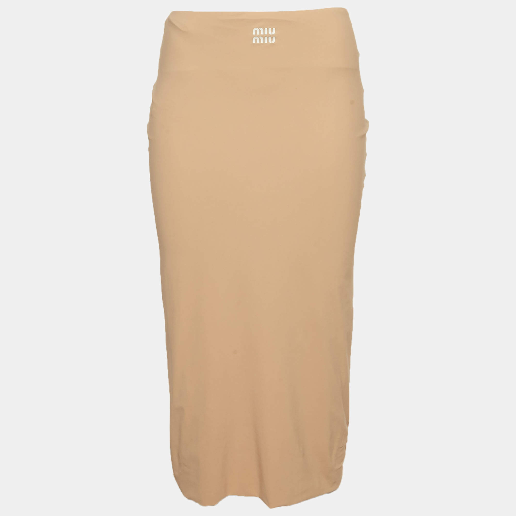 Pre Owned Miu Miu Beige Logo Applique Stretch Jersey Midi Skirt S