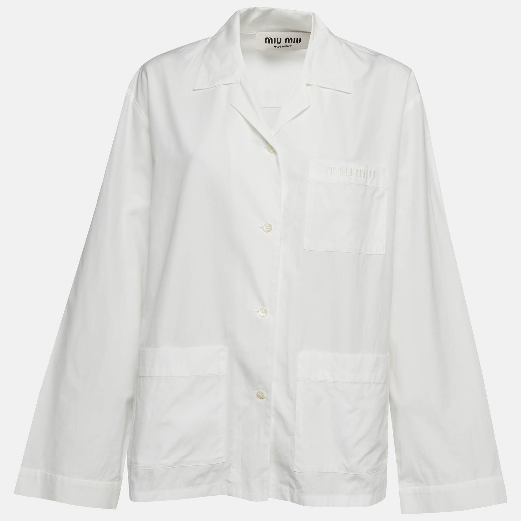 Pre Owned Miu Miu White Logo Embroidered Poplin Multi-Pocket Shirt S