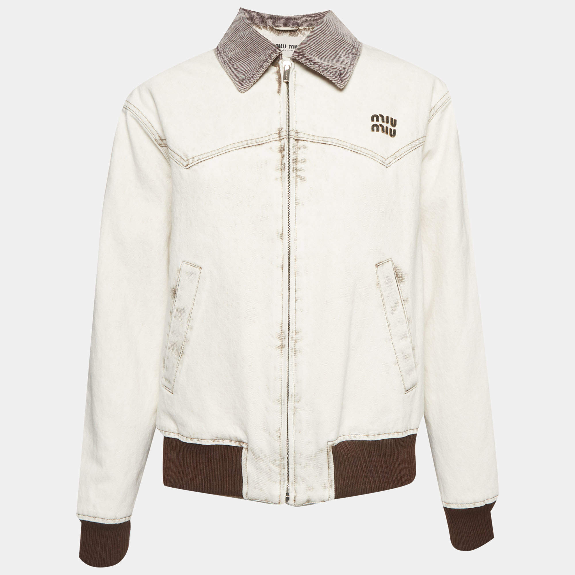 مملوكة مسبقًا Miu Miu White/Brown Denim Zip-Up Oversized Jacket XS