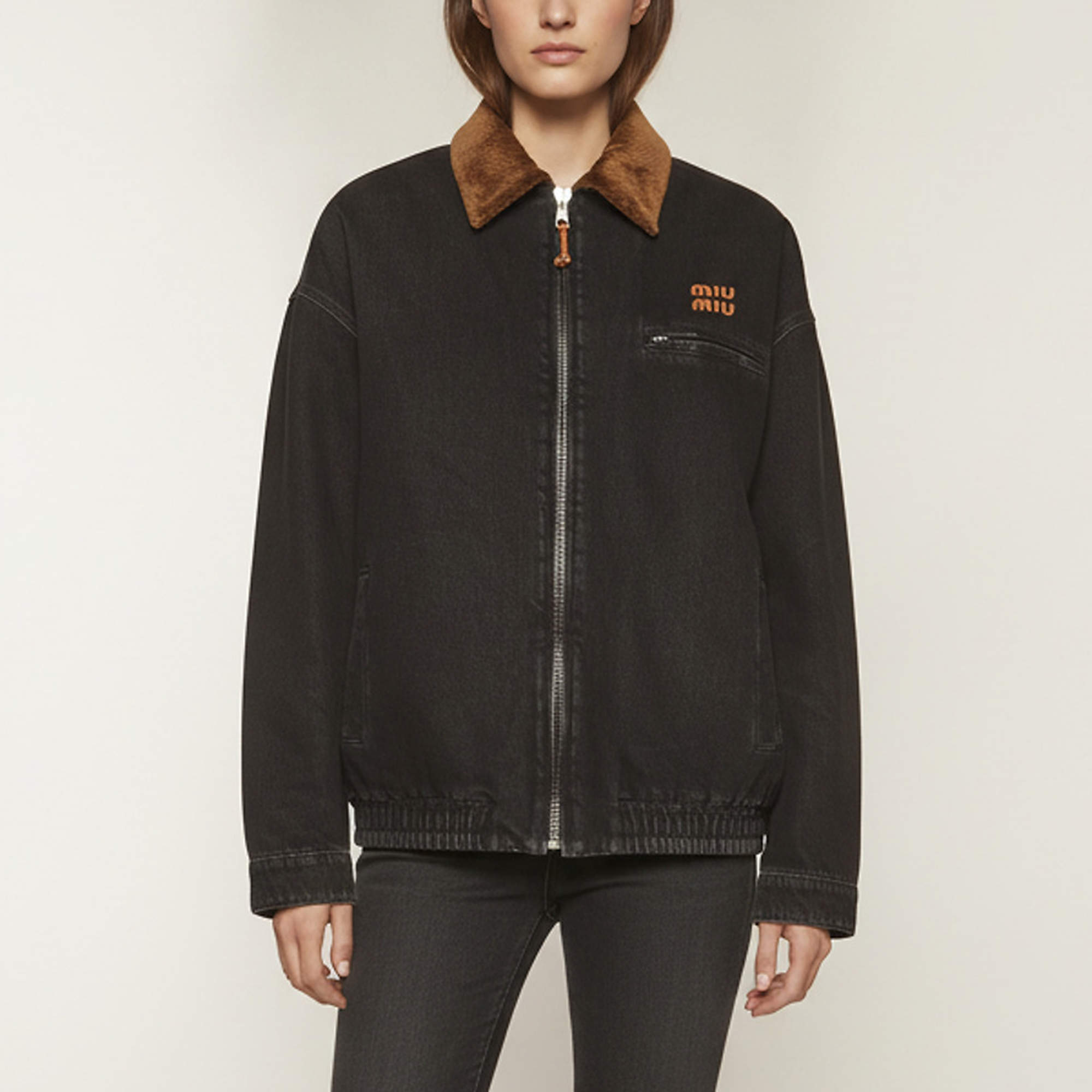 Pre Owned Miu Miu Black Denim Logo & Contrast Collar Detail Padded Jacket S