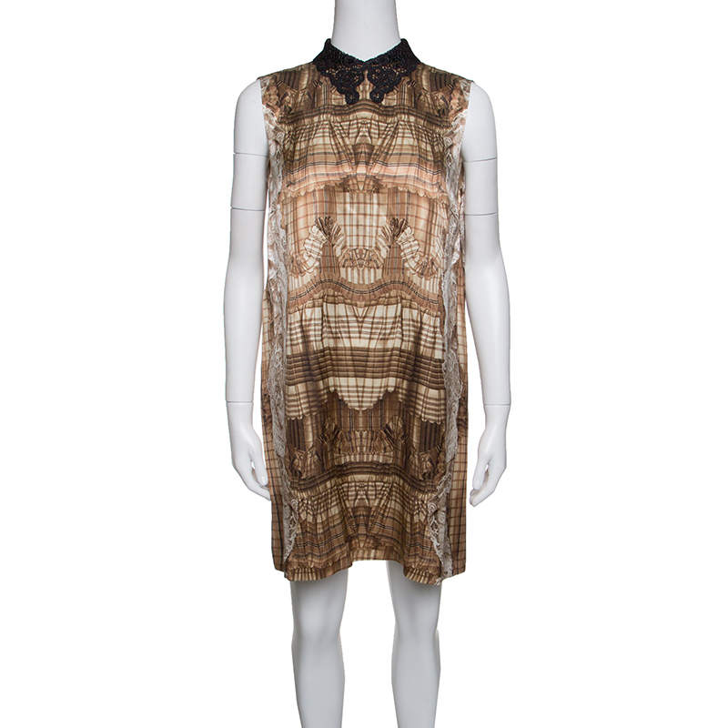 Pre Owned Miu Miu Brown Printed Contrast Lurex Collar Detail Sleeveless Dress M