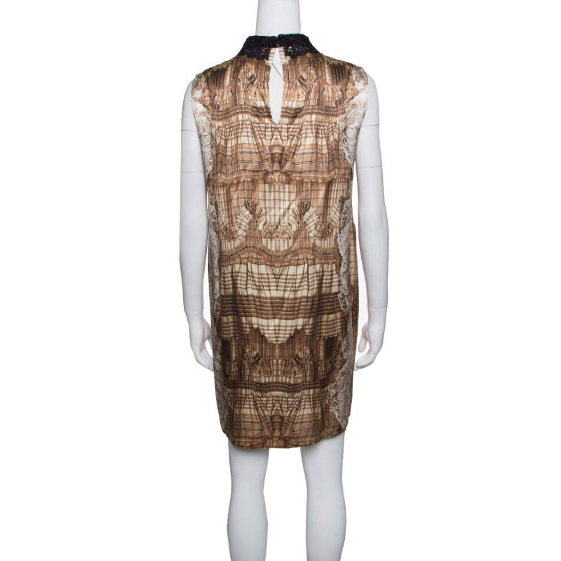 Pre Owned Miu Miu Brown Printed Contrast Lurex Collar Detail Sleeveless Dress M