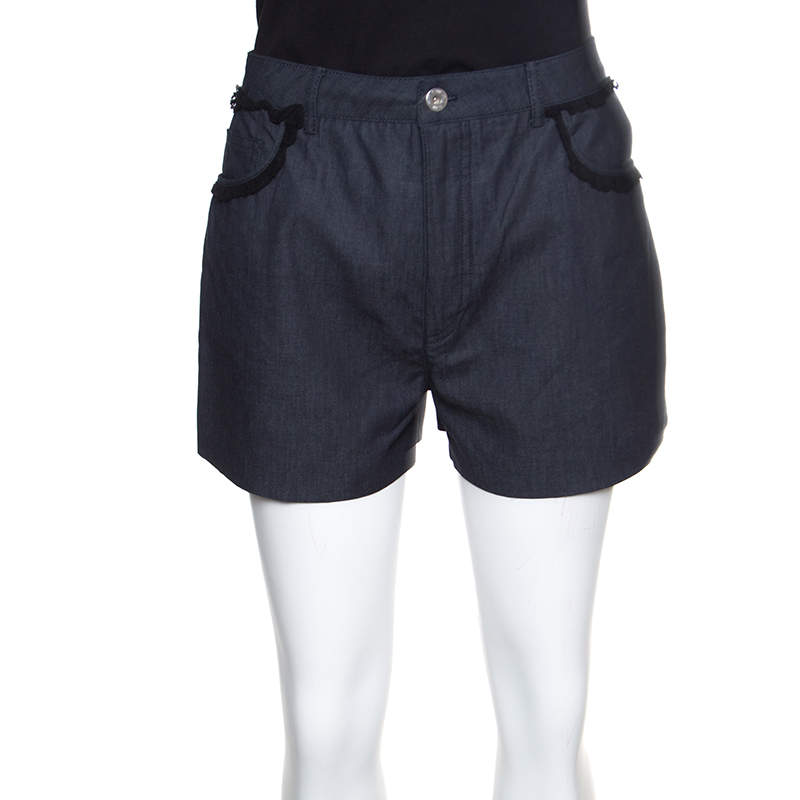 Miu Miu Grey Cotton Chambray Contrast Lace Trim High Waist Shorts S