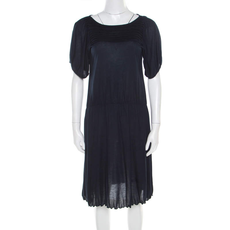 Miu Miu Navy Blue Cotton Jersey Gathered Dress S