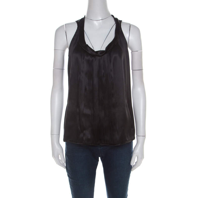 Pre Owned Miu Miu Black Satin Silk Pleat Front Sleeveless Blouse S