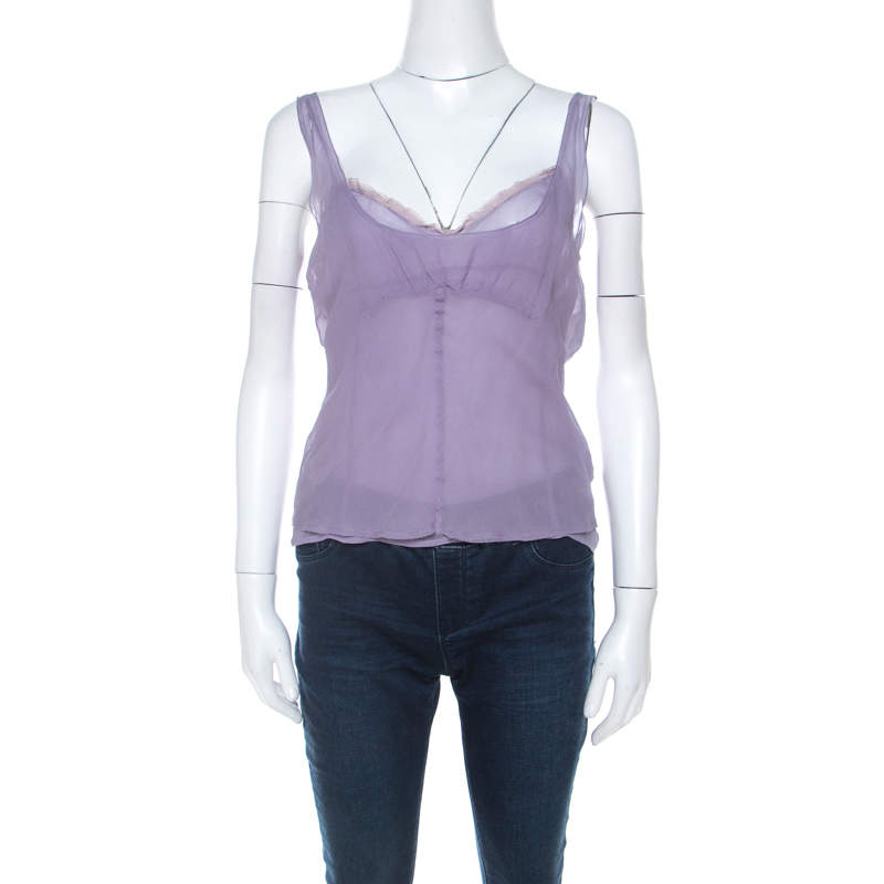 مملوكة مسبقًا Miu Miu Lavender Chiffon Silk Lace Trim Scoop Neck Camisole Top M