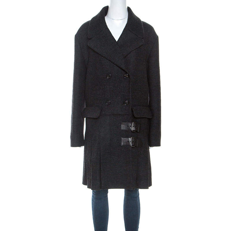 Miu Miu Grey Wool Buckle Detail Pleated Coat L