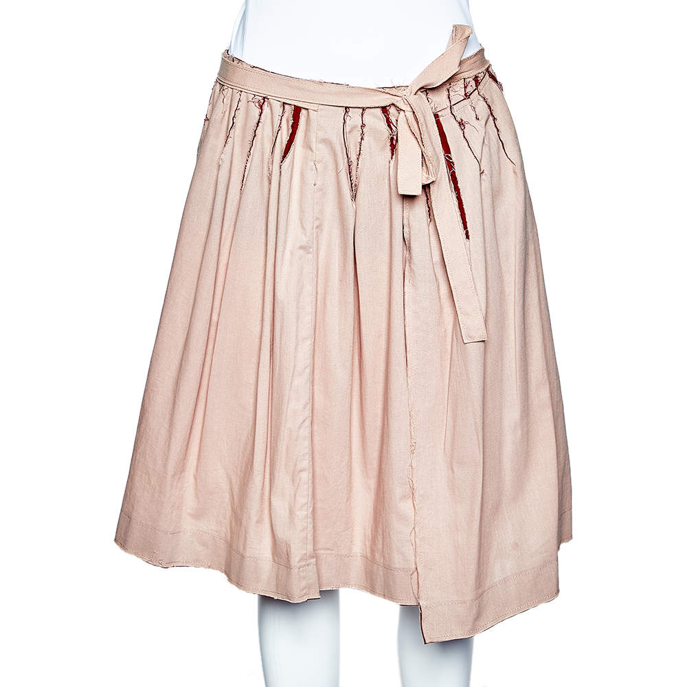 مملوكة مسبقًا Miu Miu Pale Pink & Red Paneled Rawedge Detail Wrap Skirt M