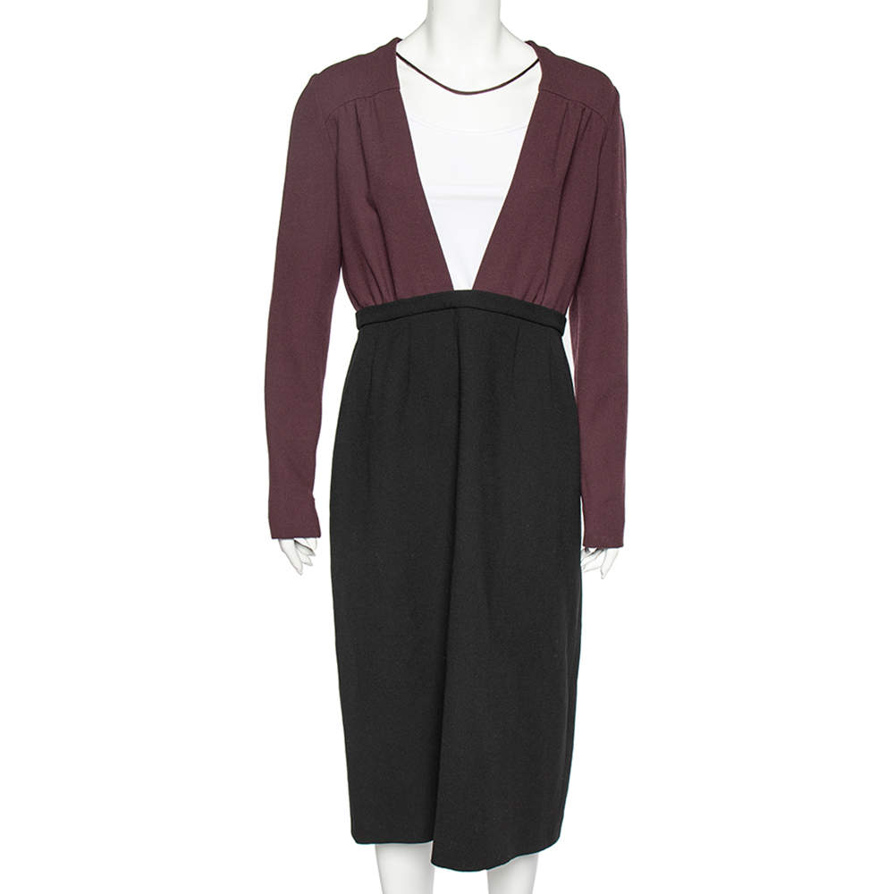 Miu Miu Black-Burgundy Textured Wool Plunge Neck Midi Dress L
