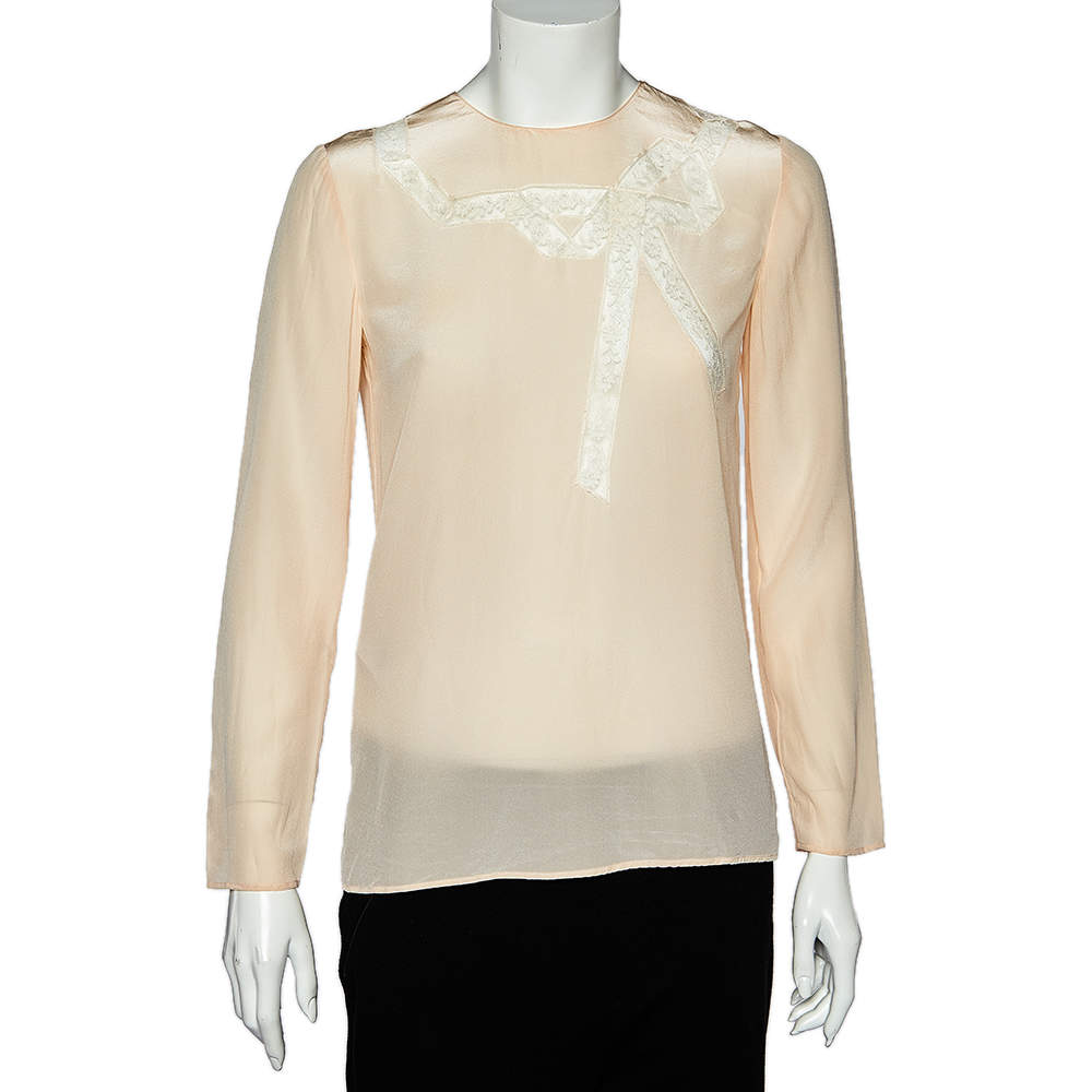 Pre Owned Miu Miu Cream Silk Bow Lace Detail Long Sleeve Blouse S